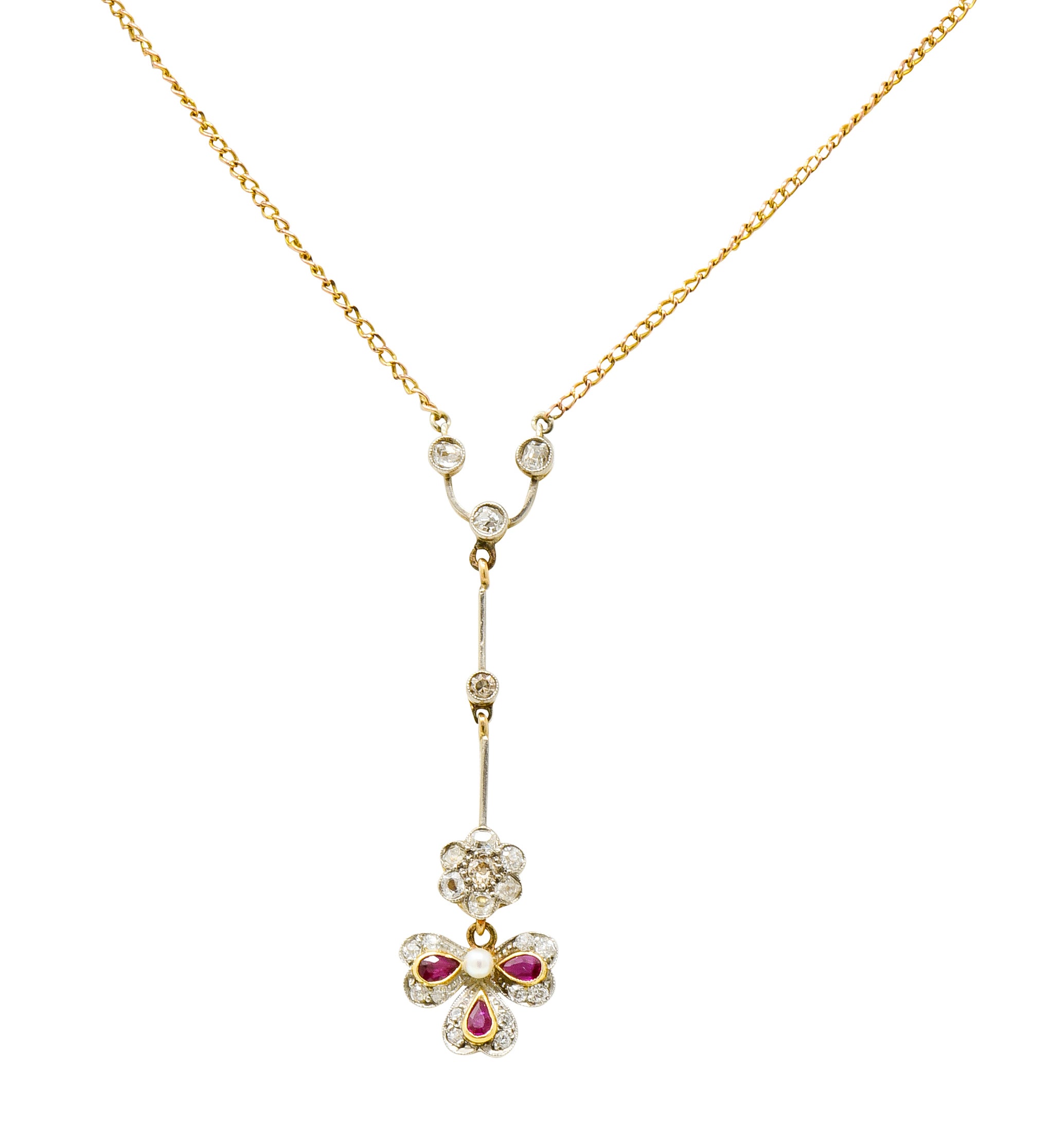 Edwardian Diamond Ruby Pearl Platinum-Topped 18 Karat Gold Floral Drop Necklace - Wilson's Estate Jewelry