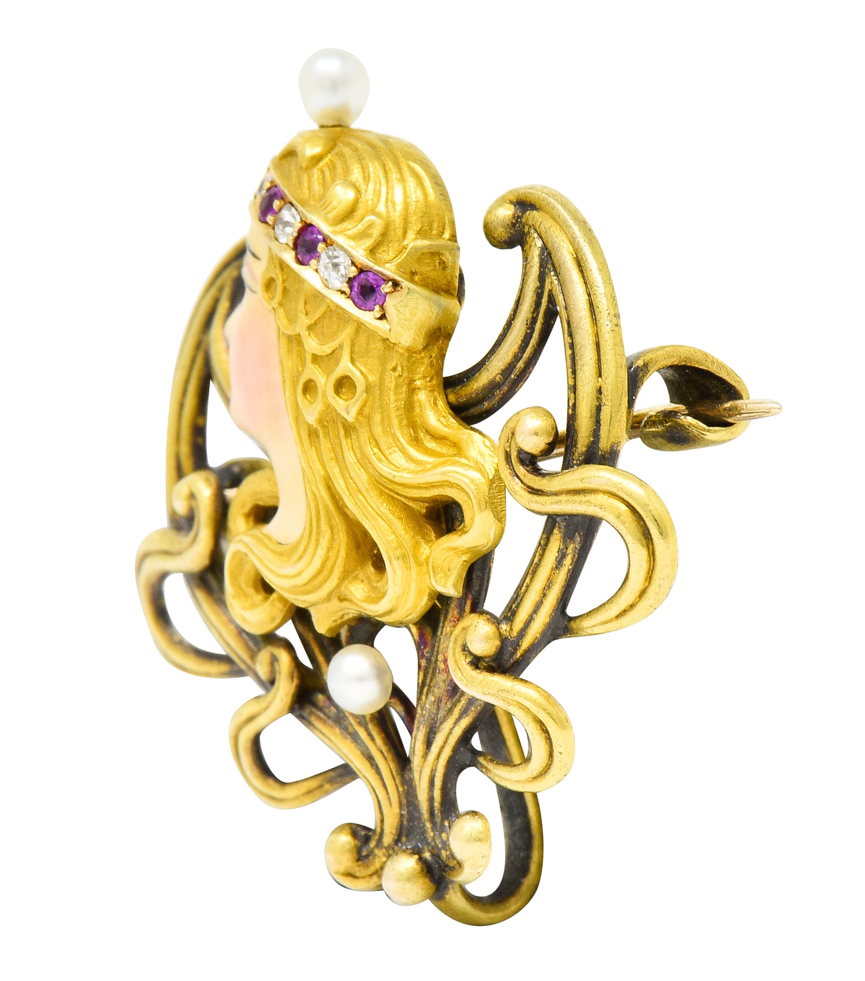 Art Nouveau Enamel Pearl Ruby Diamond 14 Karat Gold Whiplash Empress Pendant Brooch - Wilson's Estate Jewelry