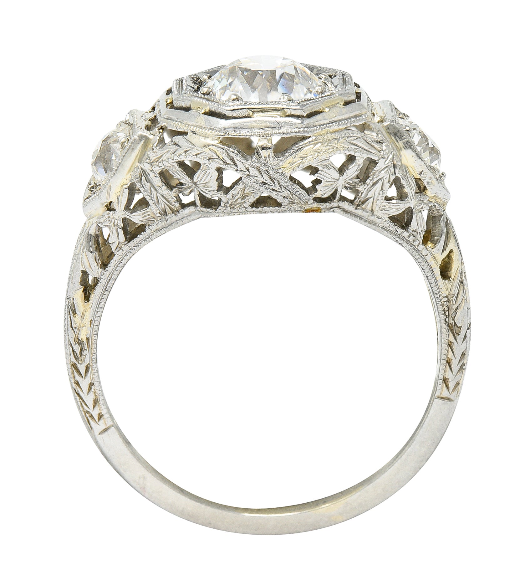 Art Deco 1.41 CTW Diamond 18 Karat White Gold Floral Engagement Ring GIA Wilson's Estate Jewelry