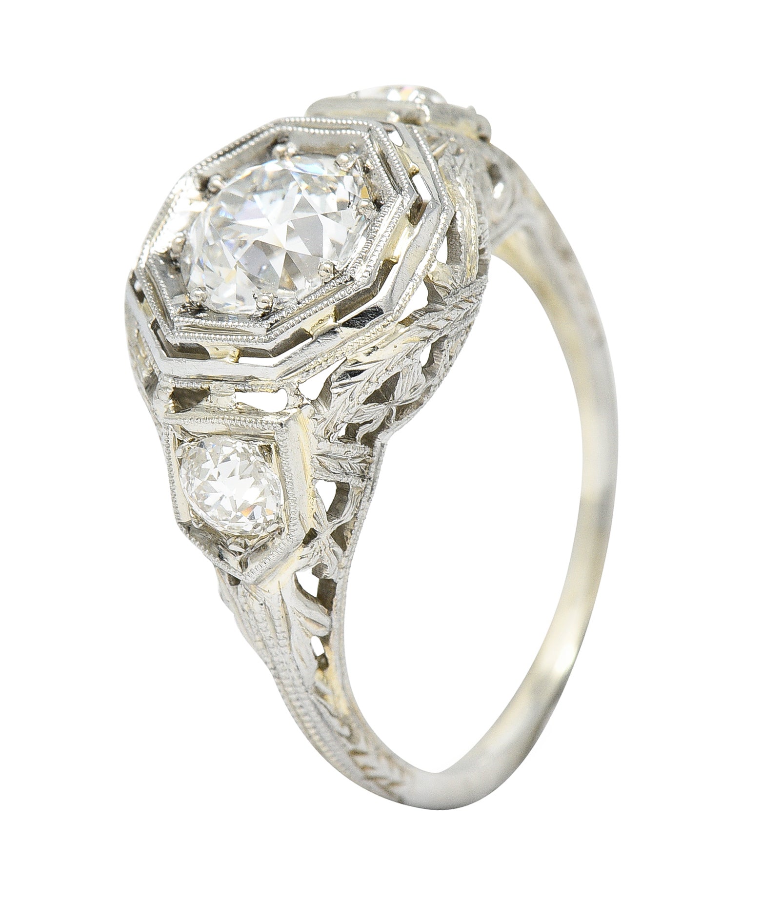 Art Deco 1.41 CTW Diamond 18 Karat White Gold Floral Engagement Ring GIA Wilson's Estate Jewelry