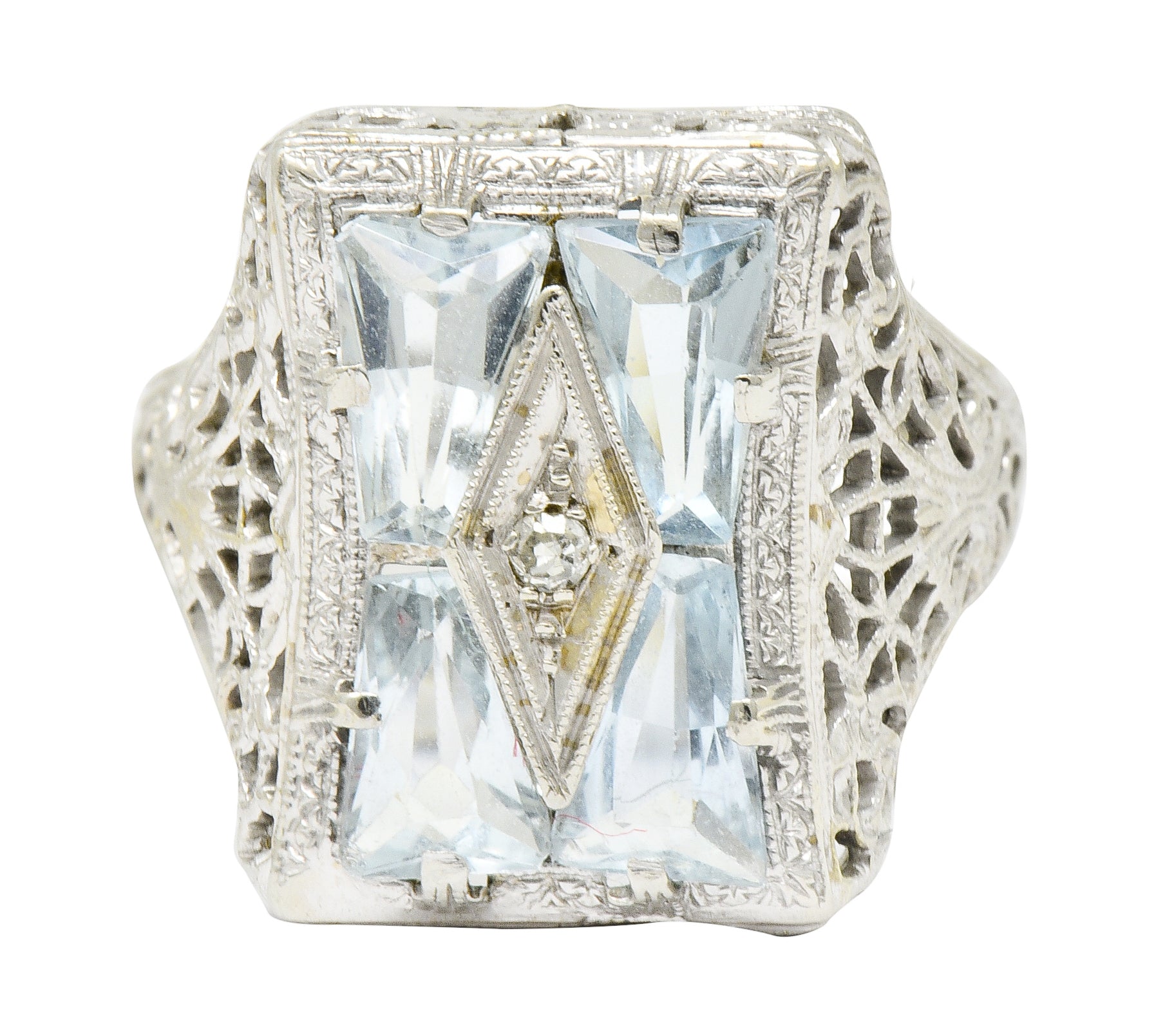 Art Deco Aquamarine Diamond 14 Karat White Gold Floral Dinner Ring - Wilson's Estate Jewelry