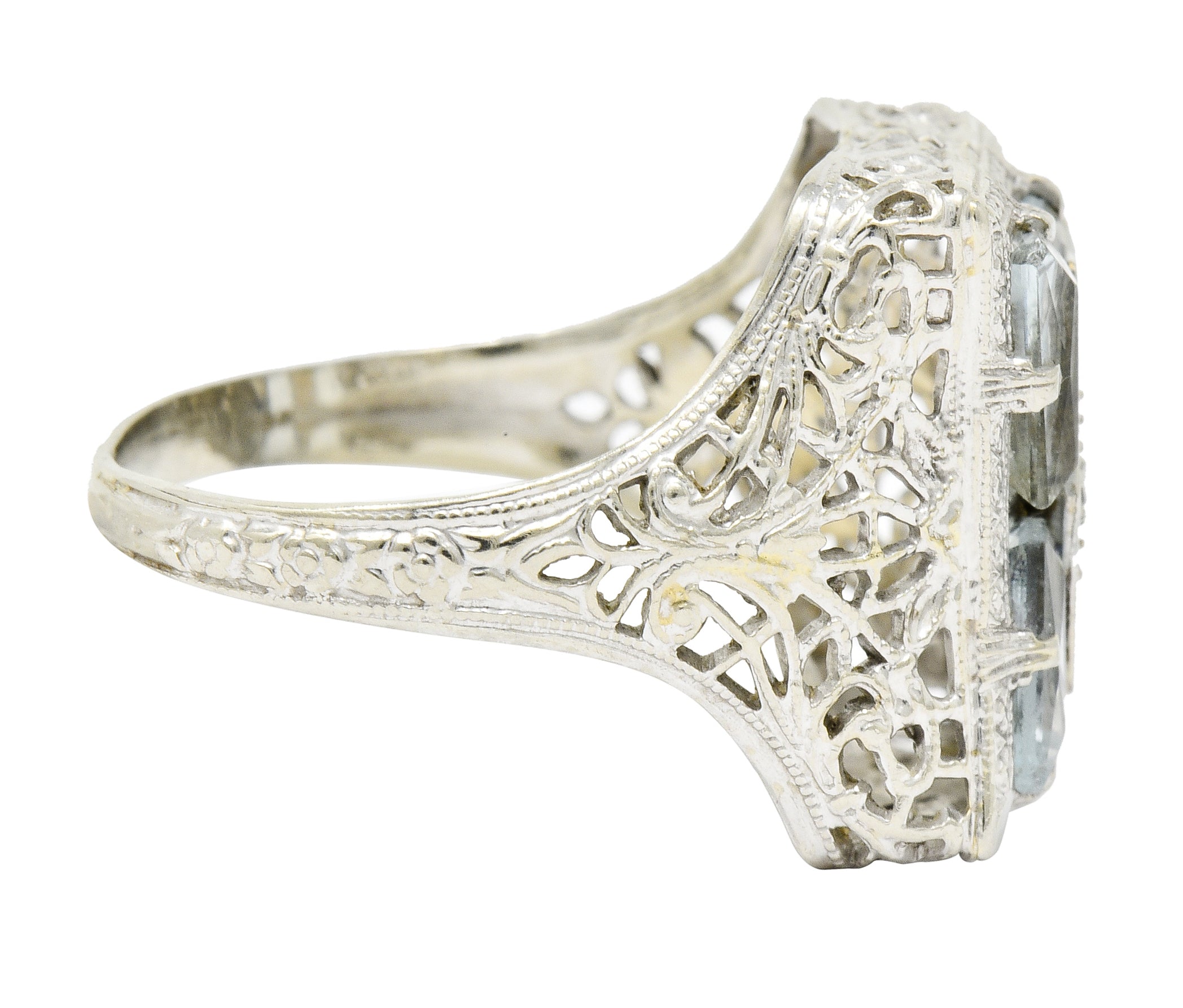 Art Deco Aquamarine Diamond 14 Karat White Gold Floral Dinner Ring - Wilson's Estate Jewelry