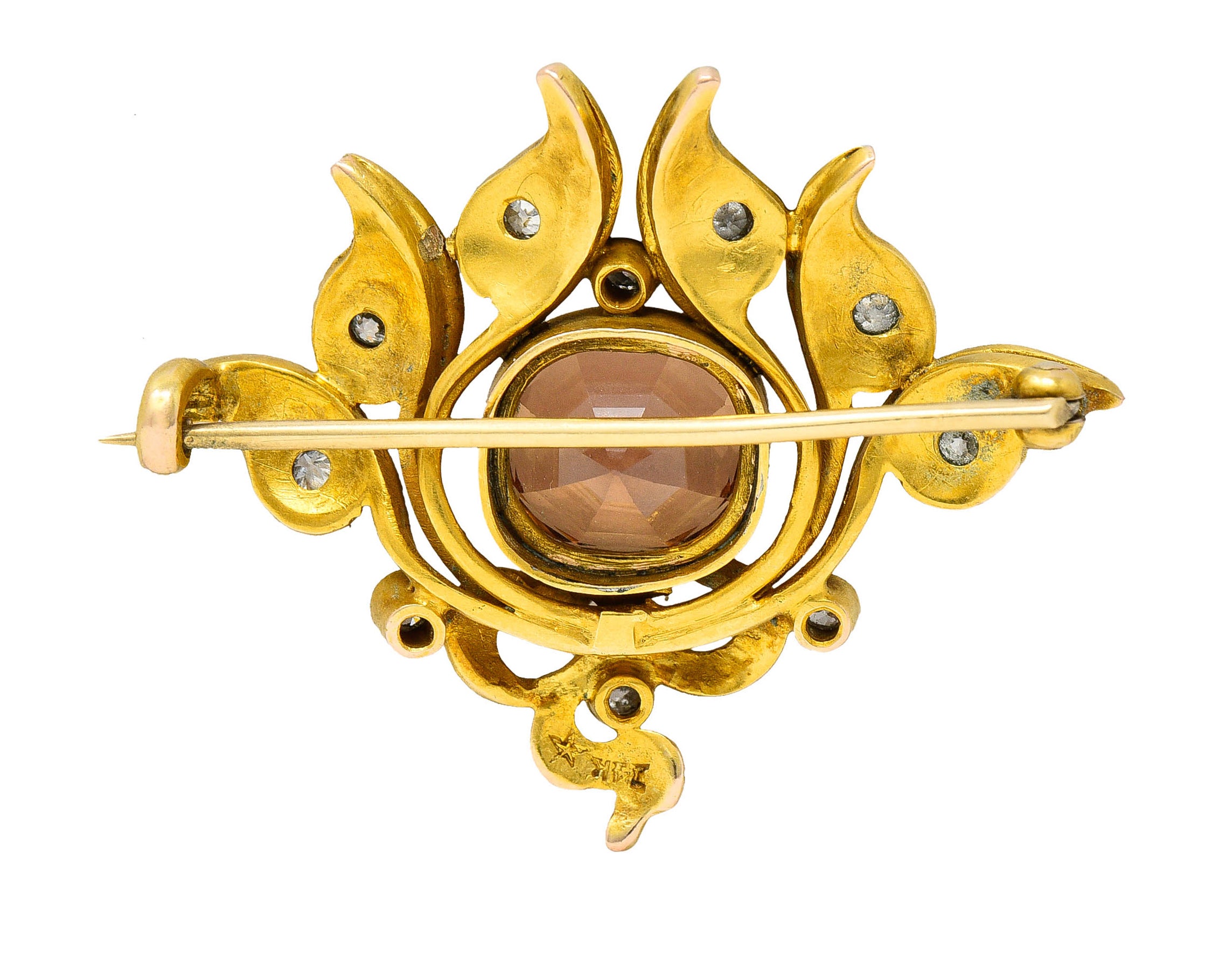 Art Nouveau 5.05 CTW Imperial Topaz Diamond 14 Karat Gold Foliate BroochBrooch - Wilson's Estate Jewelry