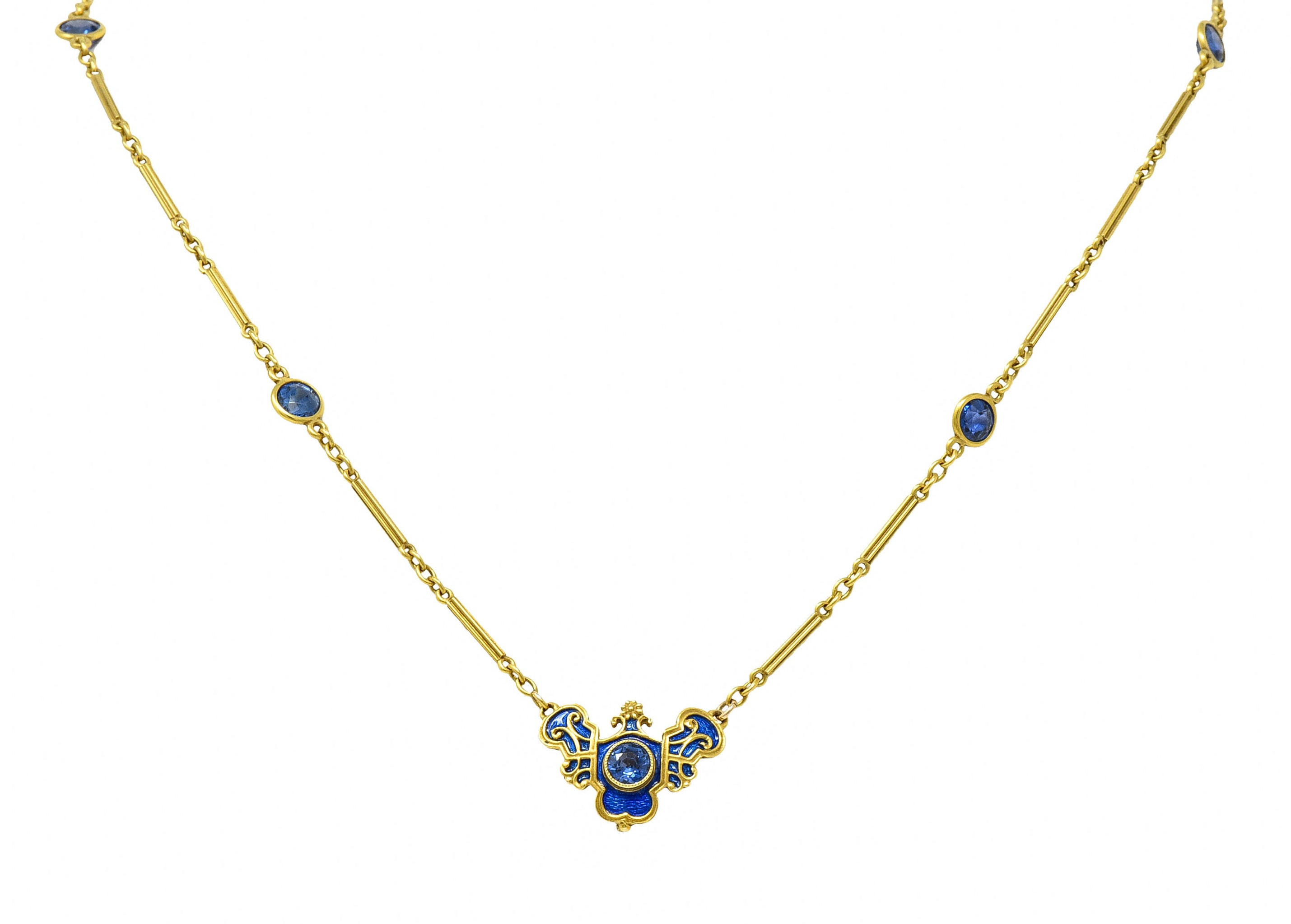 Art Nouveau Sapphire Enamel 14 Karat Gold Station NecklaceNecklace - Wilson's Estate Jewelry