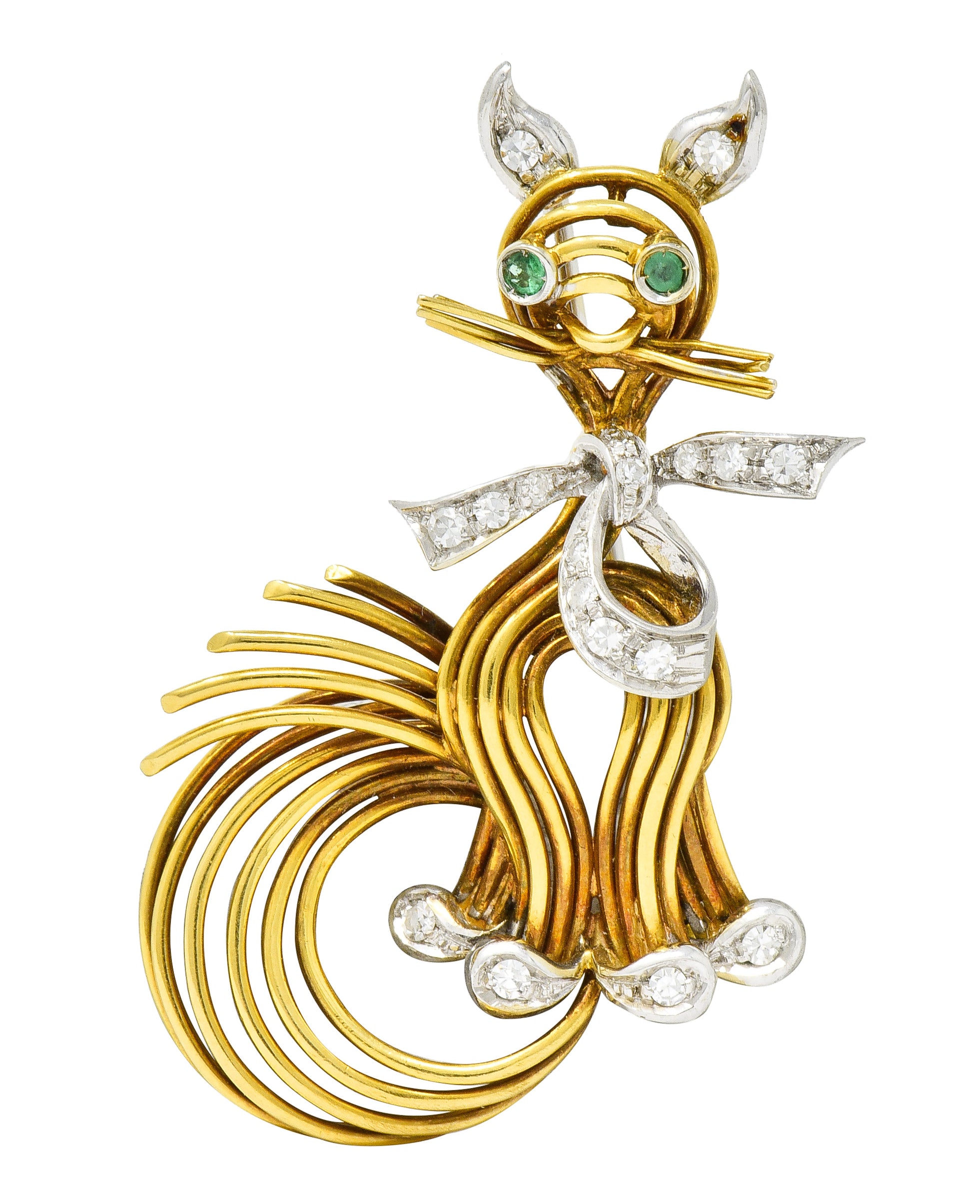 Spitzer & Furman Vintage Diamond Emerald Platinum 18 Karat Gold Cat Brooch - Wilson's Estate Jewelry