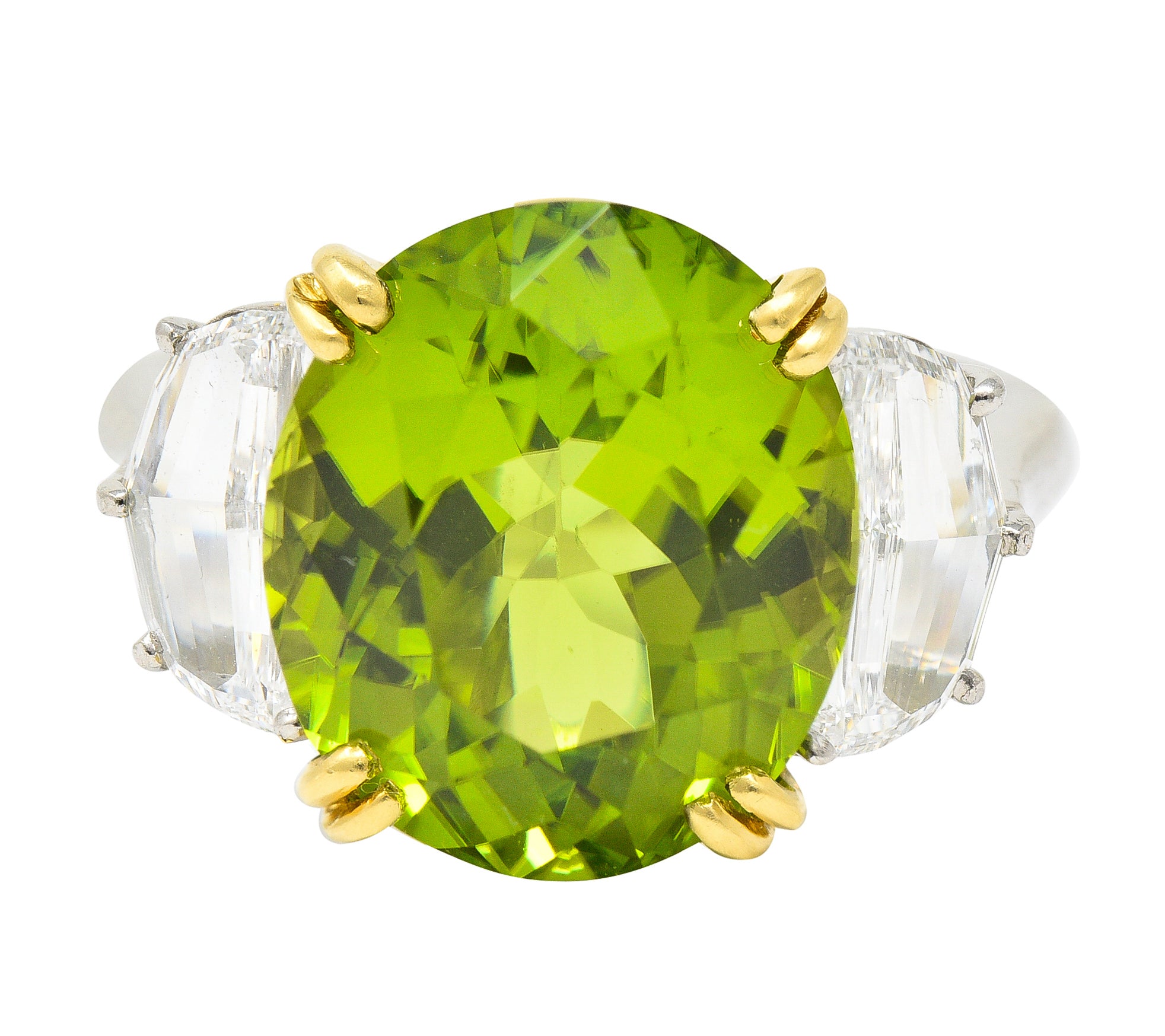 Contemporary 10.51 CTW Oval Cut Peridot Half Moon Step-Cut Diamond Platinum 18 Karat Yellow Gold Three Stone Ring Wilson's Estate Jewelry