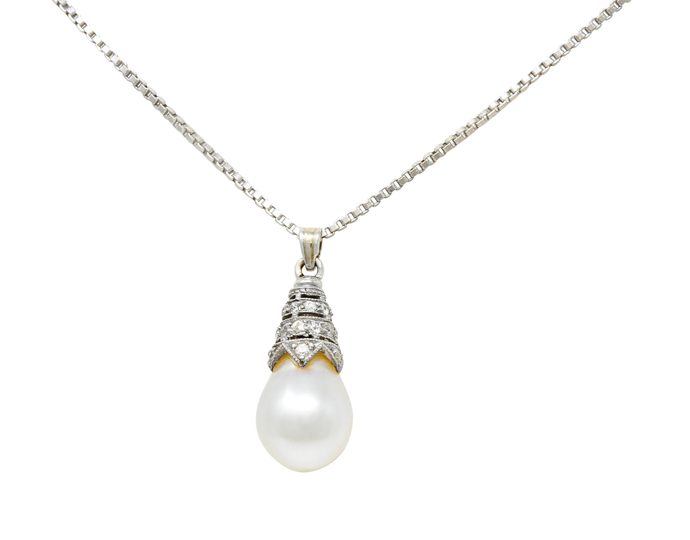 Art Deco Diamond Pearl 14 Karat White Gold Drop NecklaceNecklace - Wilson's Estate Jewelry