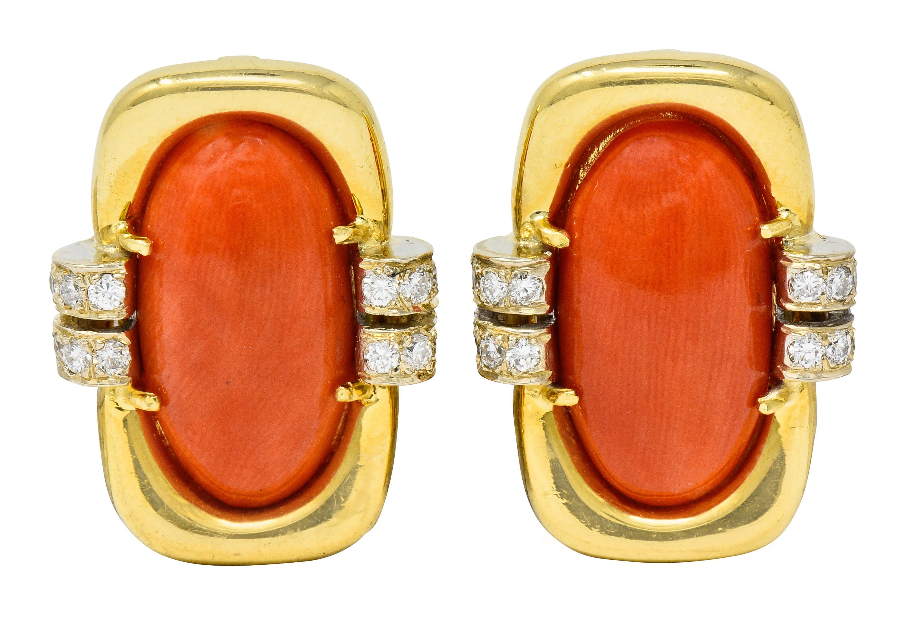 1960's Vintage Coral Diamond 18 Karat Gold Ear-Clip EarringsEarrings - Wilson's Estate Jewelry