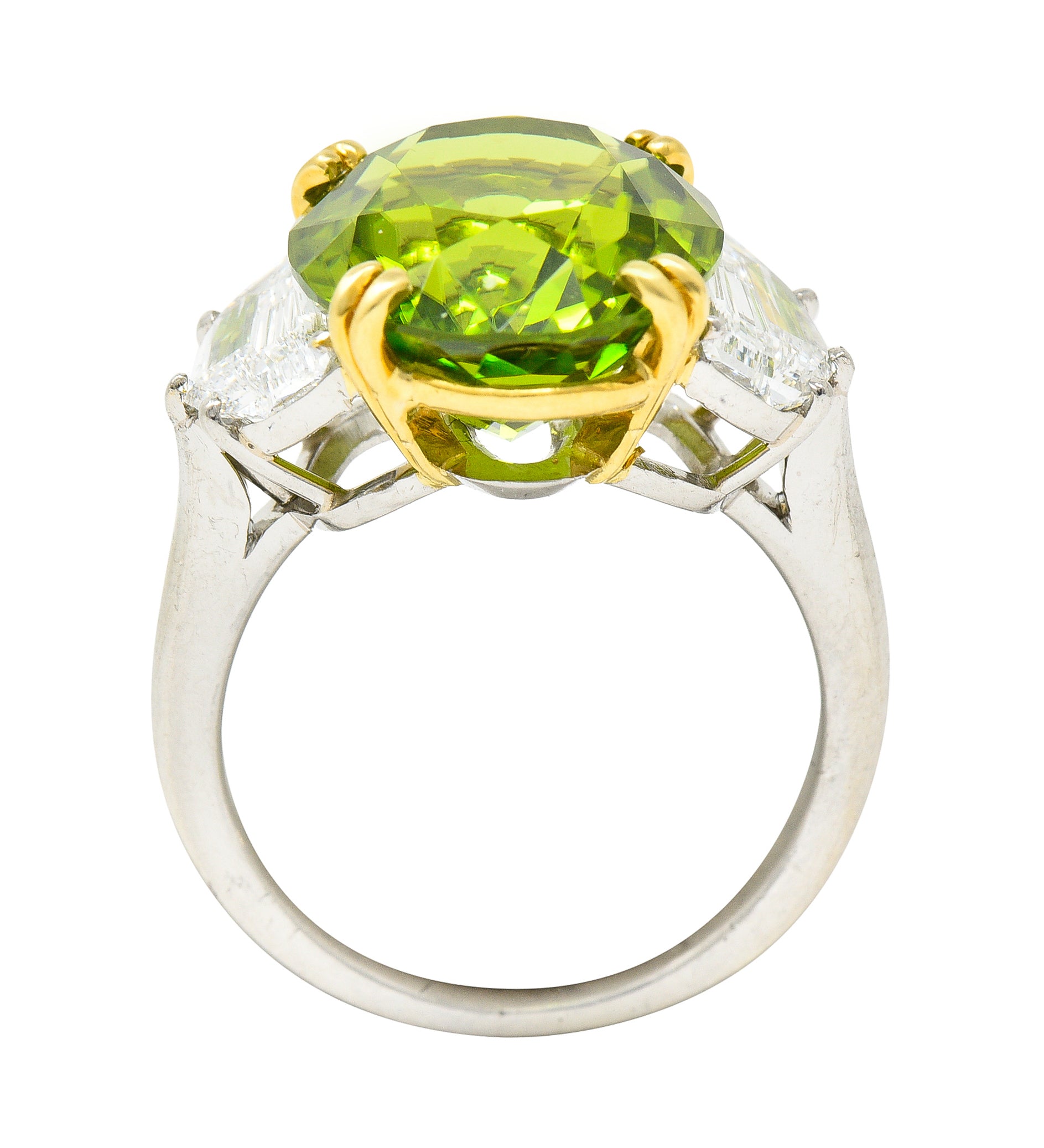 Contemporary 10.51 CTW Oval Cut Peridot Half Moon Step-Cut Diamond Platinum 18 Karat Yellow Gold Three Stone Ring Wilson's Estate Jewelry