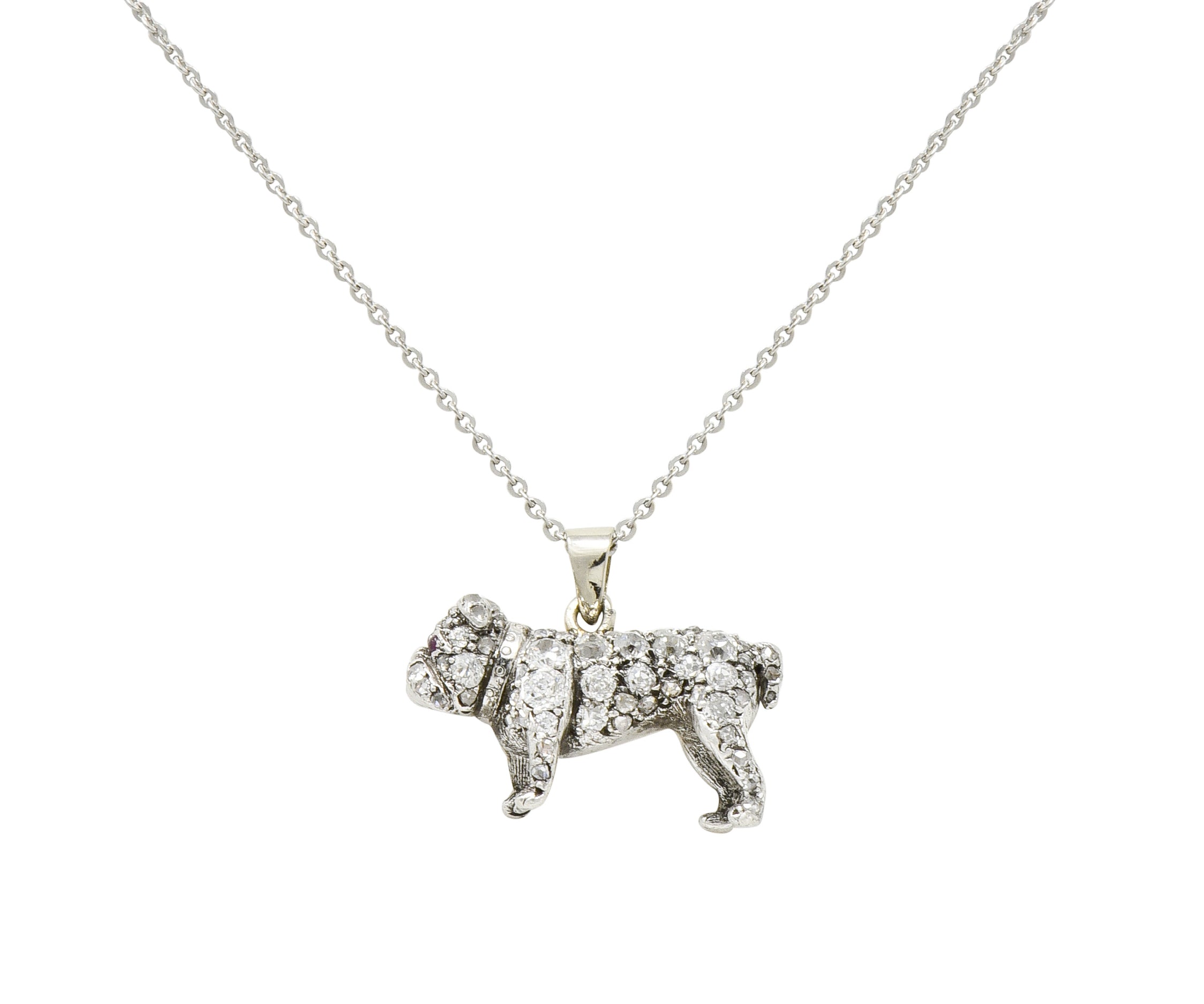 Victorian 2.10 CTW Pave Diamond Silver-Topped Gold Bulldog Pendant Necklace - Wilson's Estate Jewelry