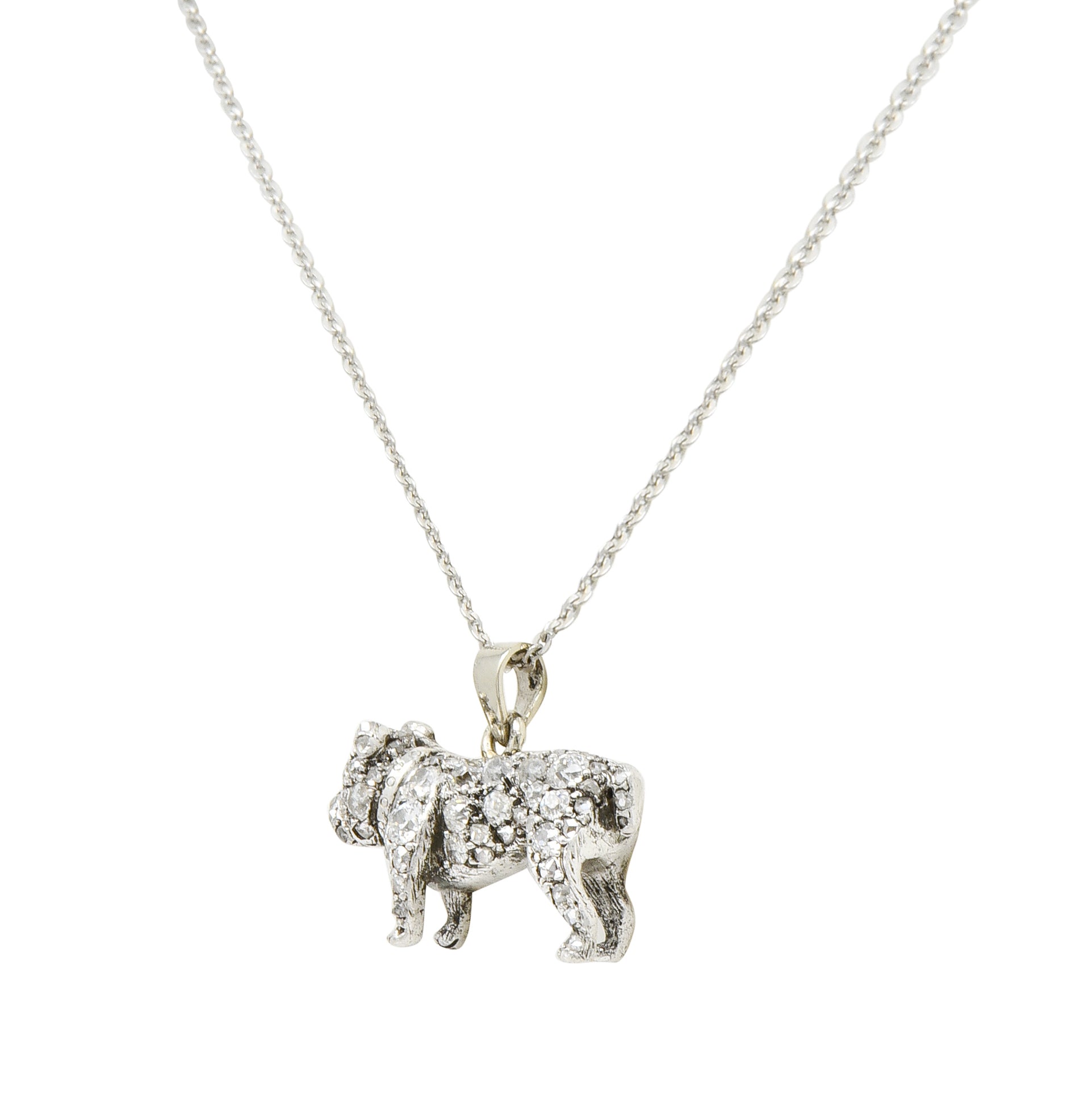 Victorian 2.10 CTW Pave Diamond Silver-Topped Gold Bulldog Pendant Necklace - Wilson's Estate Jewelry