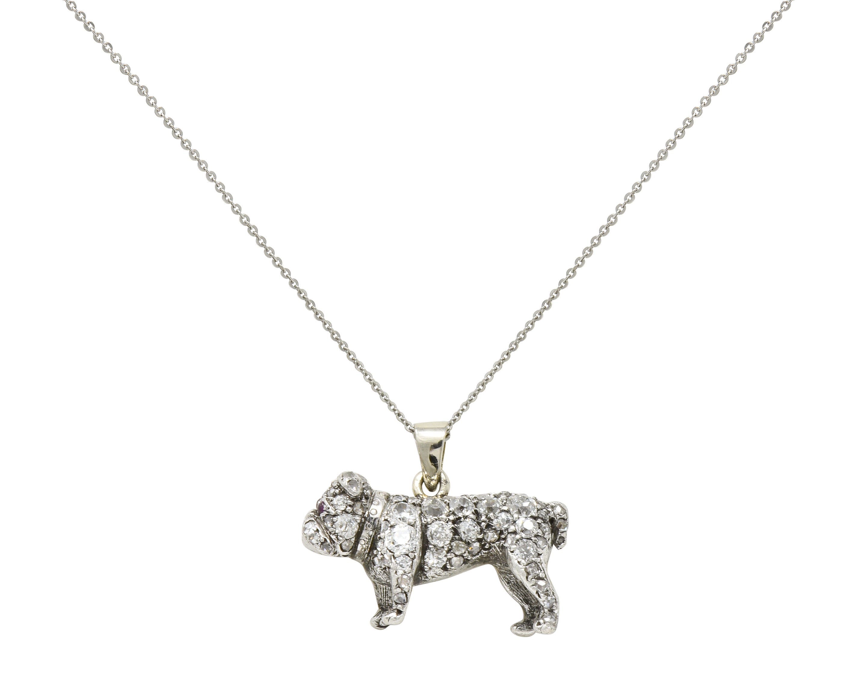 Victorian 2.10 CTW Pave Diamond Silver-Topped Gold Bulldog Pendant Necklace - Wilson's Estate Jewelry