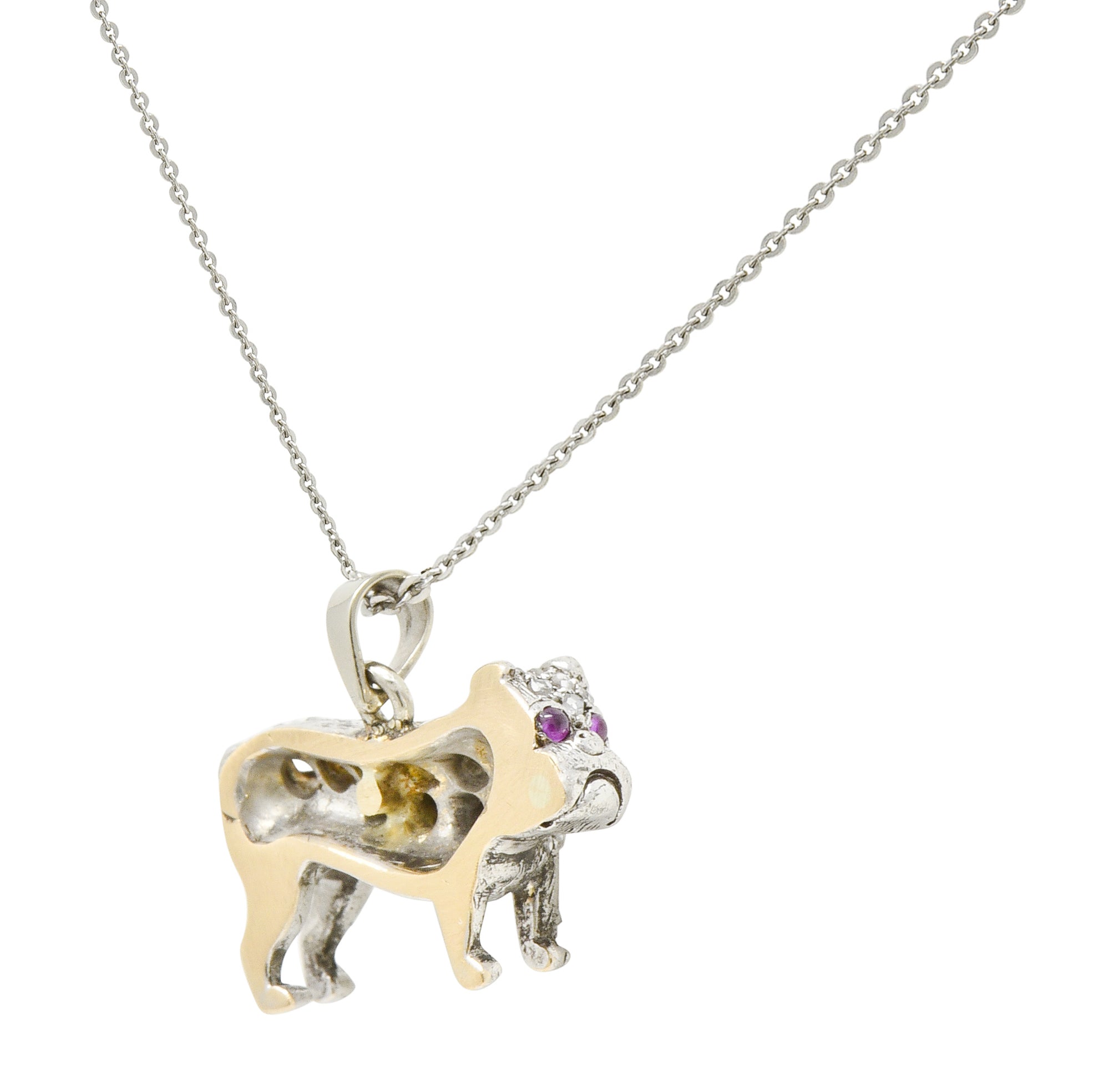 Victorian 2.10 CTW Pave Diamond Silver-Topped Gold Bulldog Pendant Necklace - Wilson's Estate Jewelry