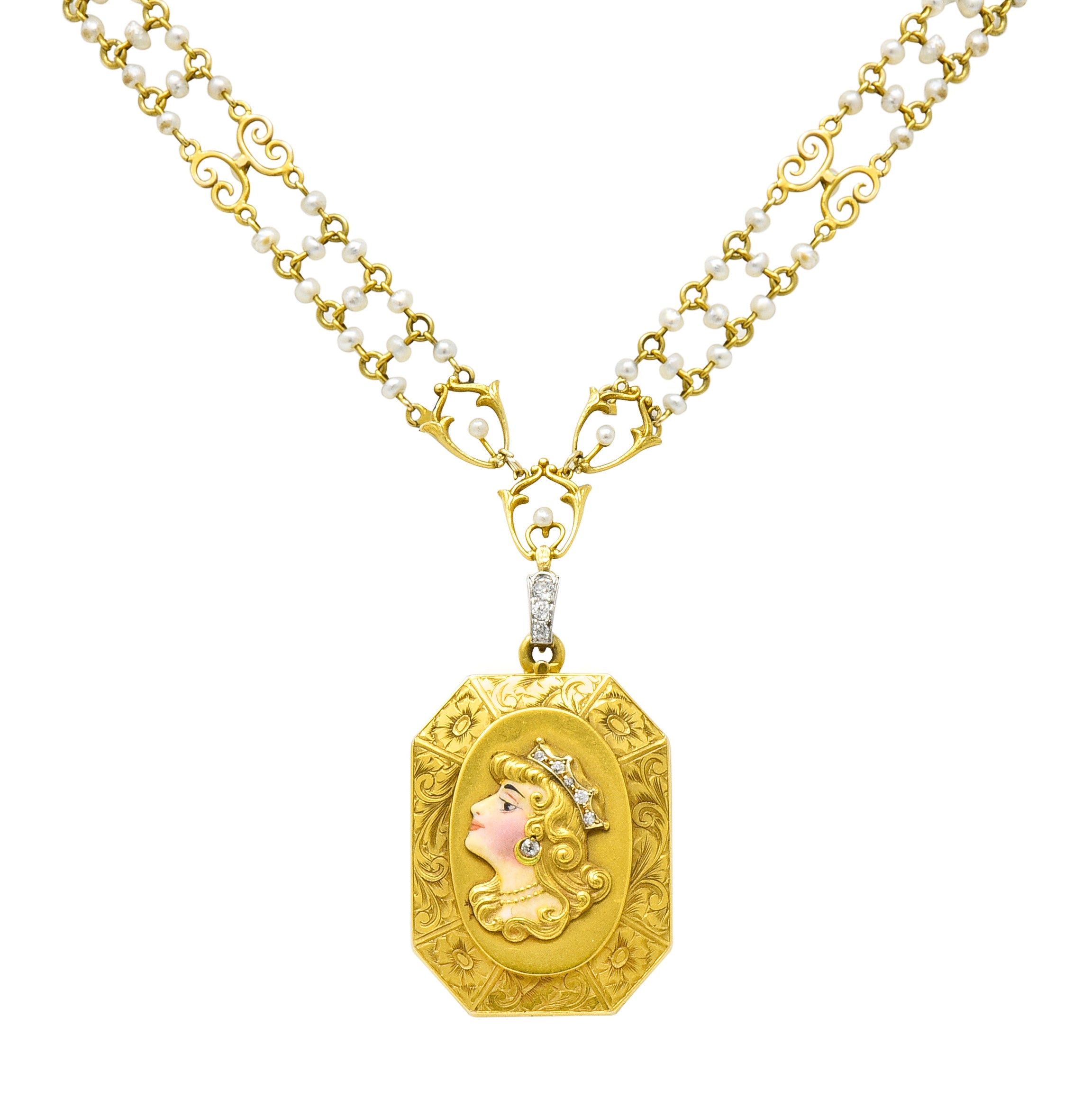 Art Nouveau Enamel Diamond Pearl 14 Karat Gold Princess Locket Necklace - Wilson's Estate Jewelry