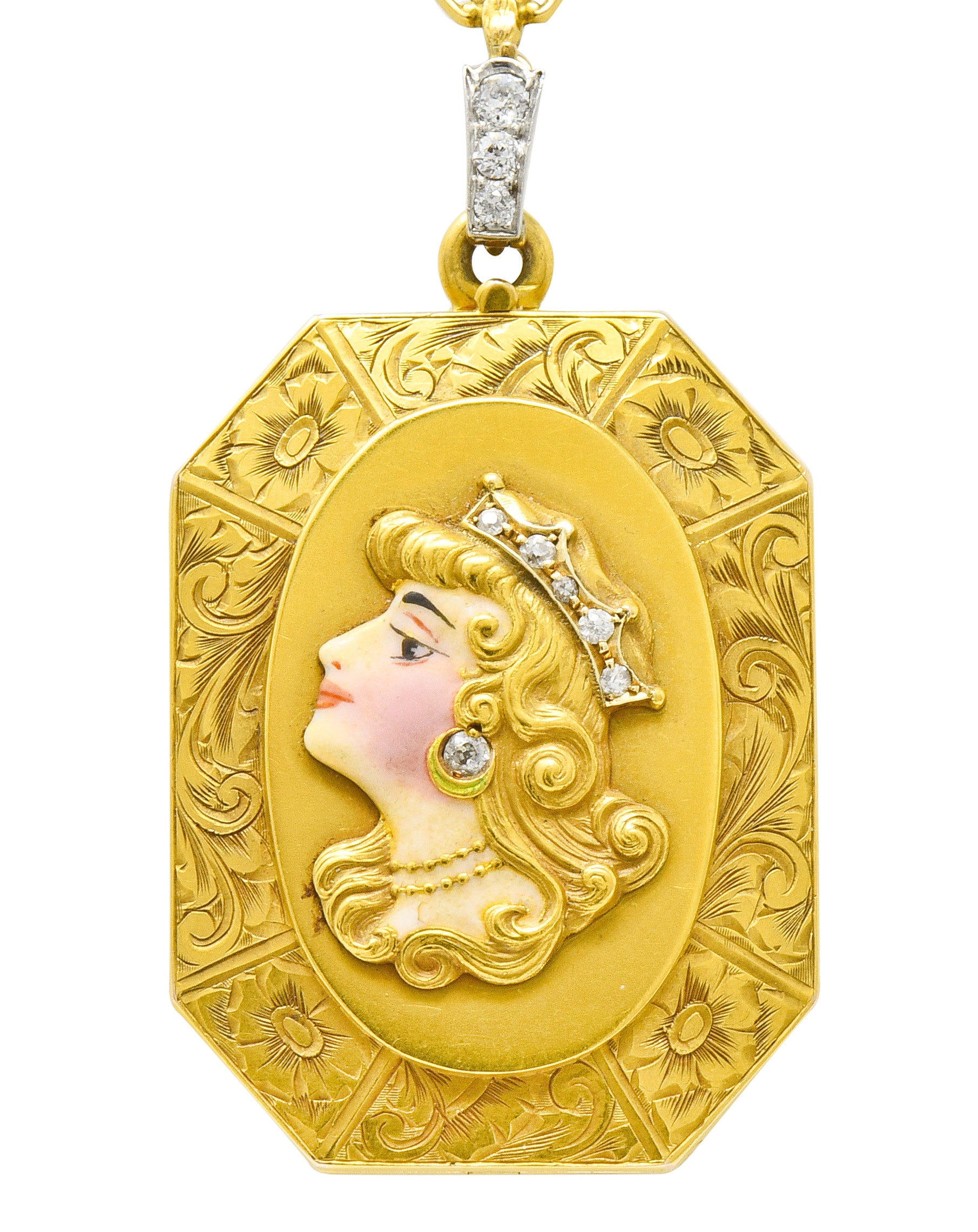 Art Nouveau Enamel Diamond Pearl 14 Karat Gold Princess Locket Necklace - Wilson's Estate Jewelry