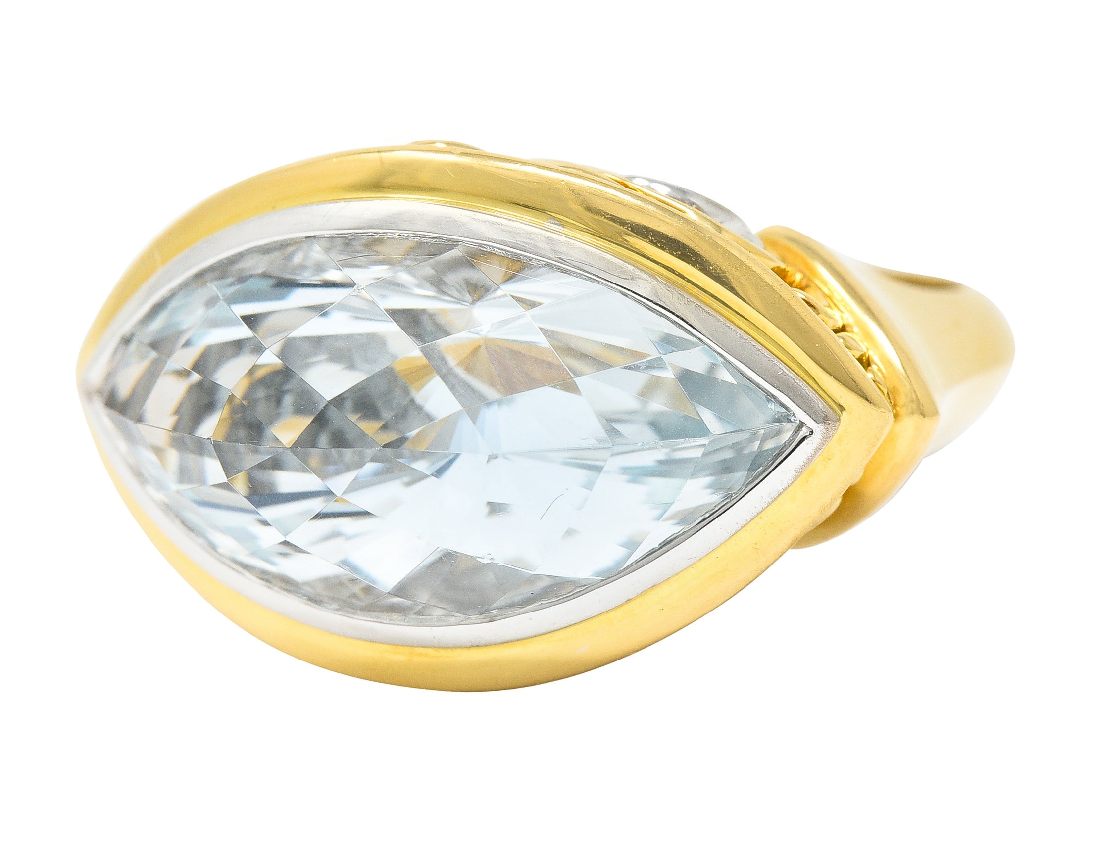 John Hardy Contemporary Navette Cut Aquamarine 18 Karat Two-Tone Gold Cocktail Ring Wilson's Estate Jewelry