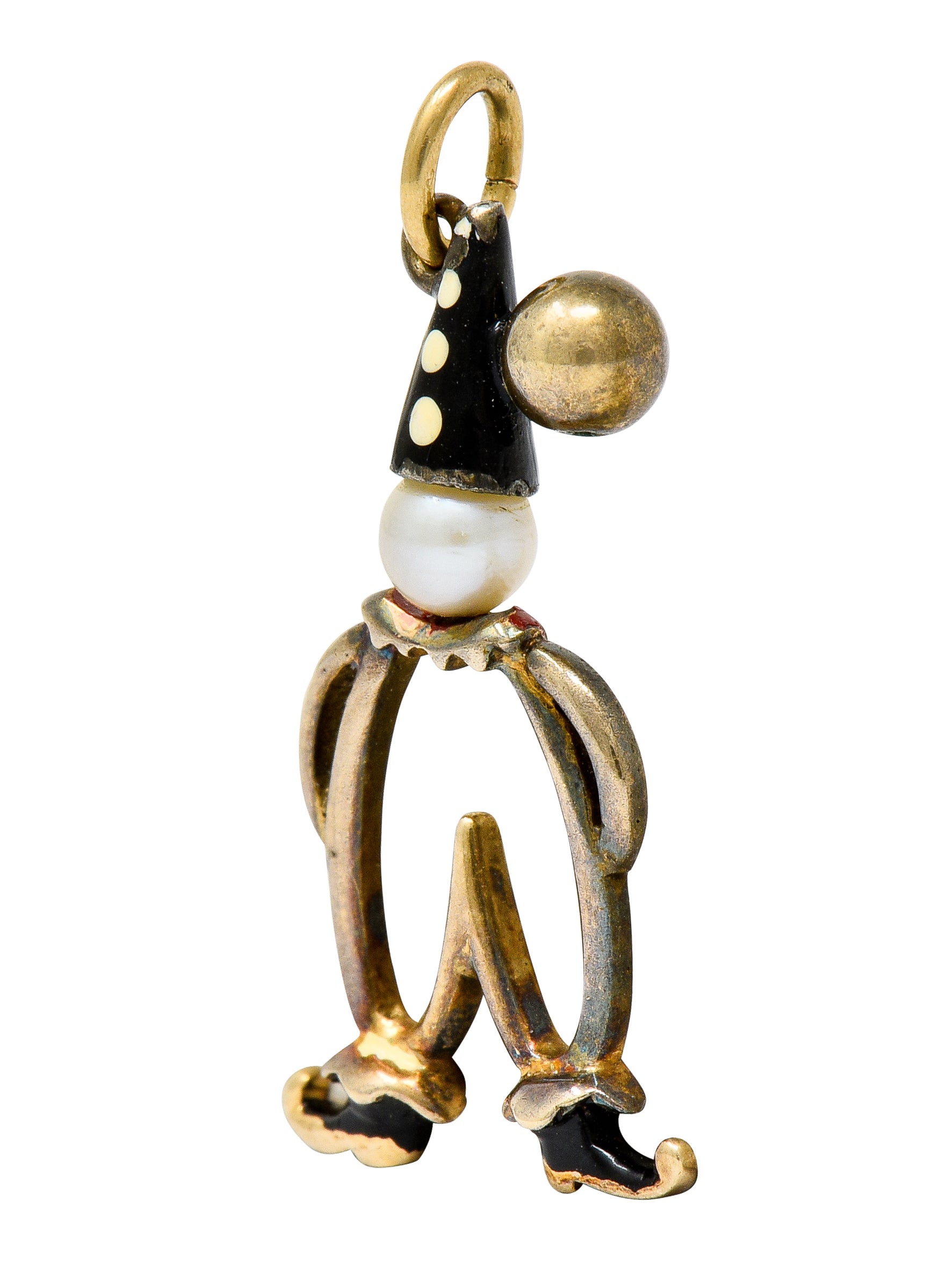 Art Deco Pearl Enamel 14 Karat Gold Pierrot Clown Charm - Wilson's Estate Jewelry