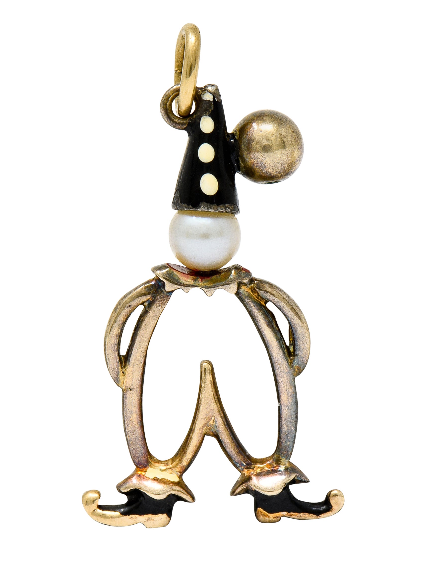 Art Deco Pearl Enamel 14 Karat Gold Pierrot Clown Charm - Wilson's Estate Jewelry