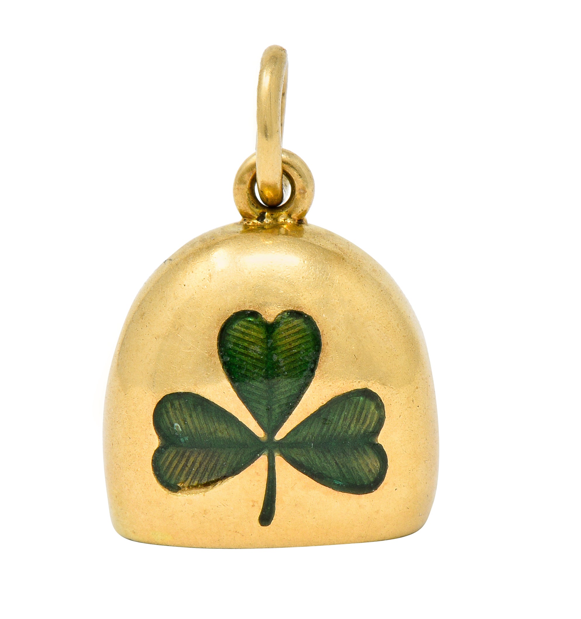 Art Nouveau Green Enamel 14 Karat Gold Irish Clover Bell Charm - Wilson's Estate Jewelry