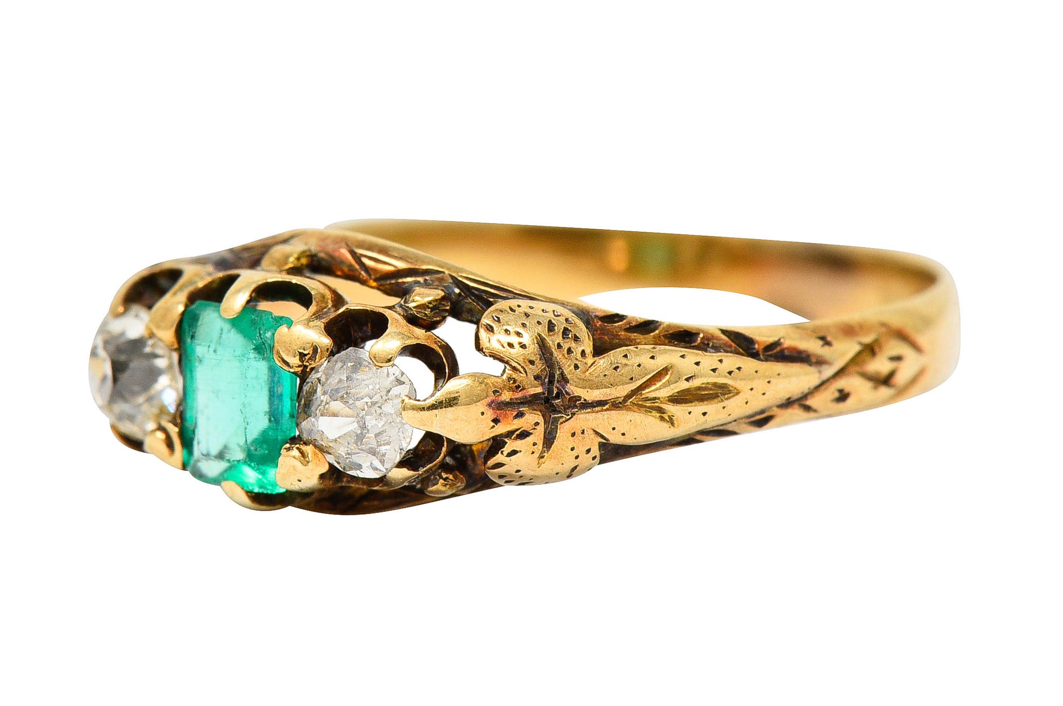 Art Nouveau 0.47 Emerald Diamond 14 Karat Gold Foliate Band RingRing - Wilson's Estate Jewelry