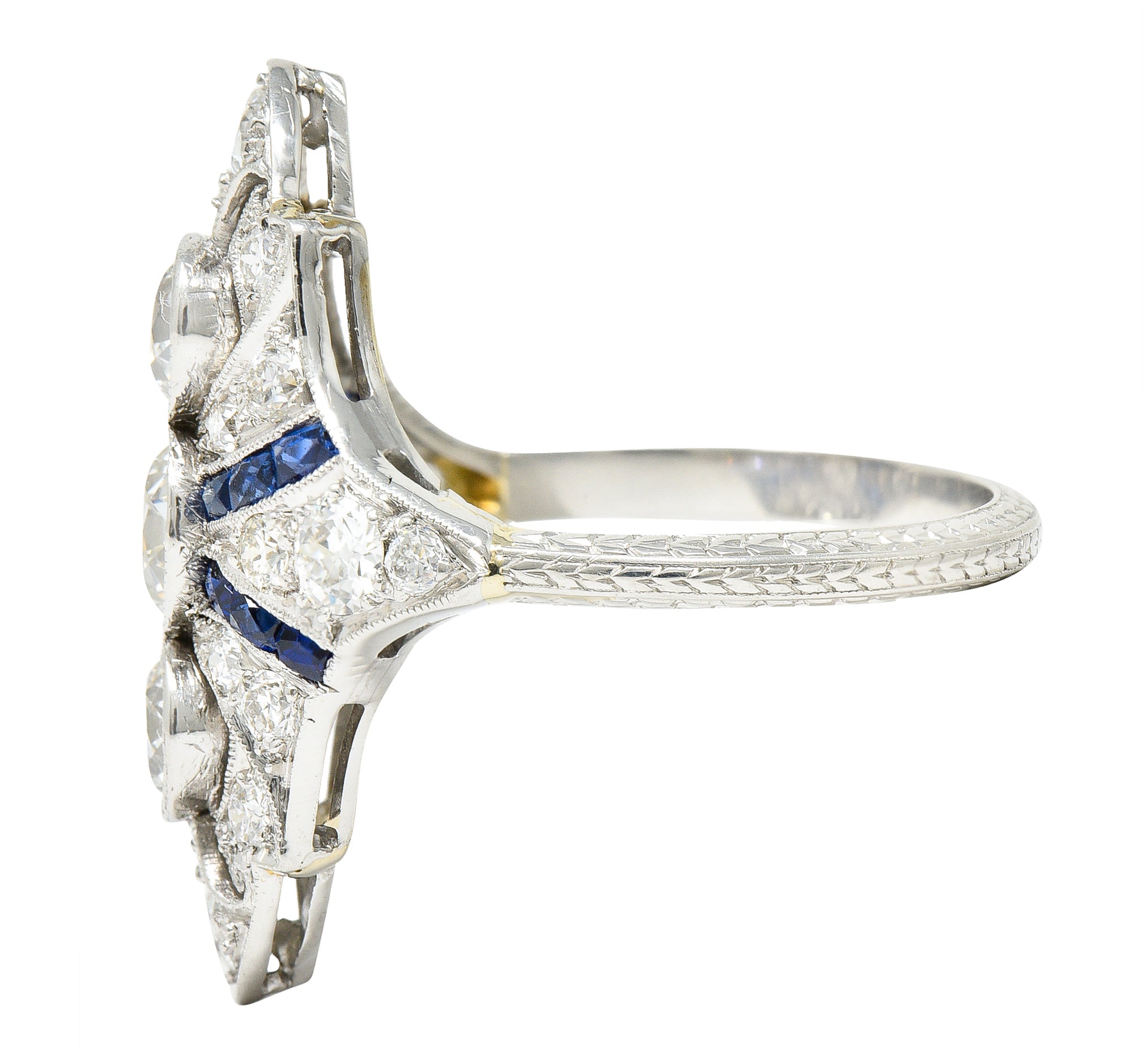 Art Deco 2.45 CTW Old European Cut Diamond French Cut Sapphire Platinum Navette Wheat Dinner Ring Wilson's Estate Jewelry