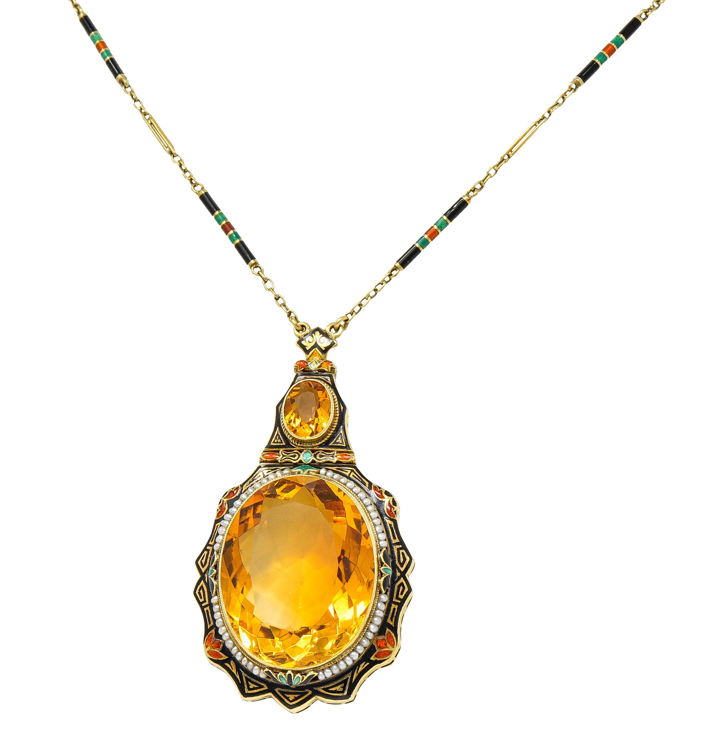 Substantial Art Deco Citrine Pearl Enamel 14 Karat Gold Statement Sautoir NecklaceNecklace - Wilson's Estate Jewelry