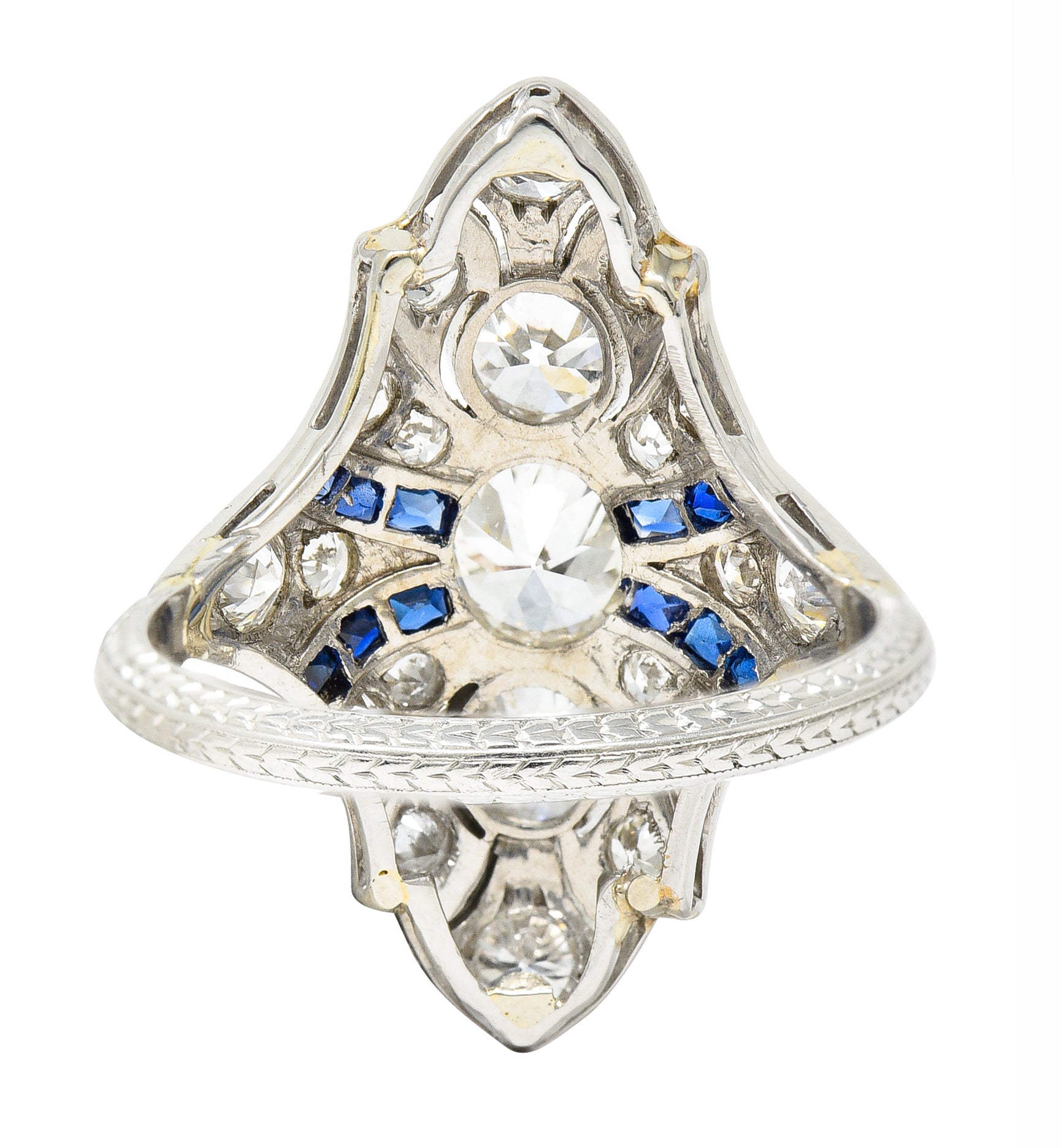 Art Deco 2.45 CTW Old European Cut Diamond French Cut Sapphire Platinum Navette Wheat Dinner Ring Wilson's Estate Jewelry