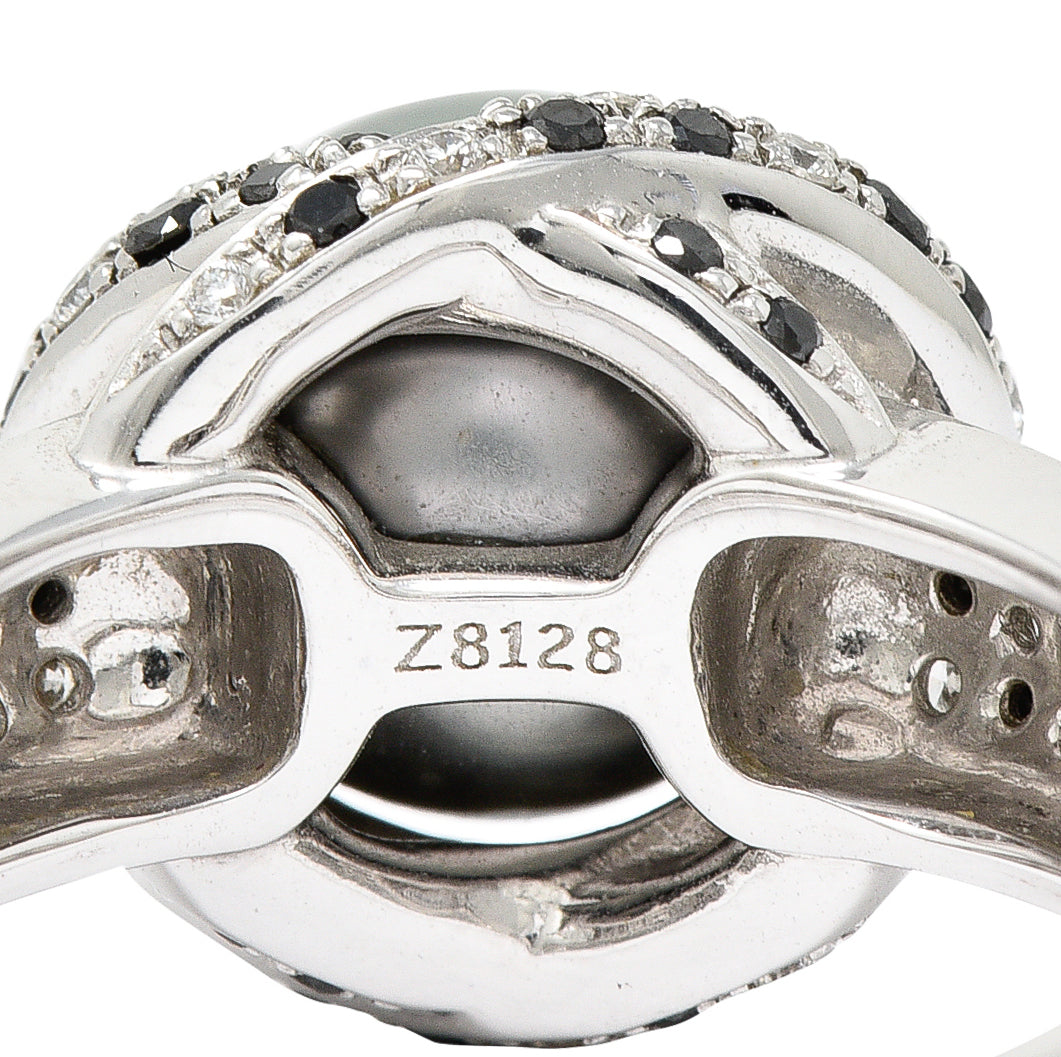 Mauboussin Paris Tahitian Pearl Diamond & Black Diamond 18 Karat White Gold Perle Caviar Mon Amour Ring Wilson's Estate Jewelry