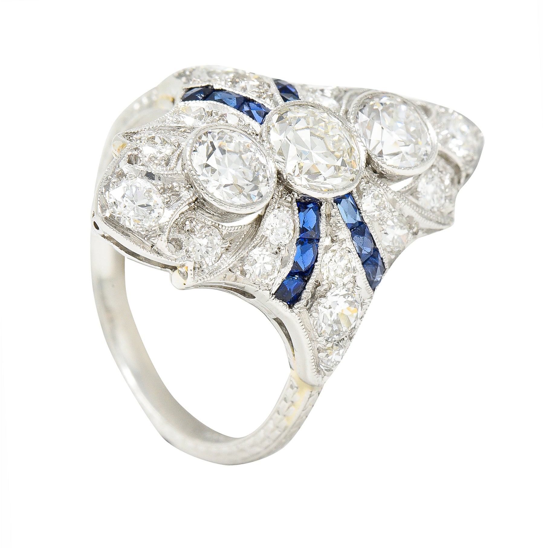 Art Deco 2.45 CTW Old European Cut Diamond French Cut Sapphire Platinum Navette Wheat Dinner Ring Wilson's Estate Jewelry