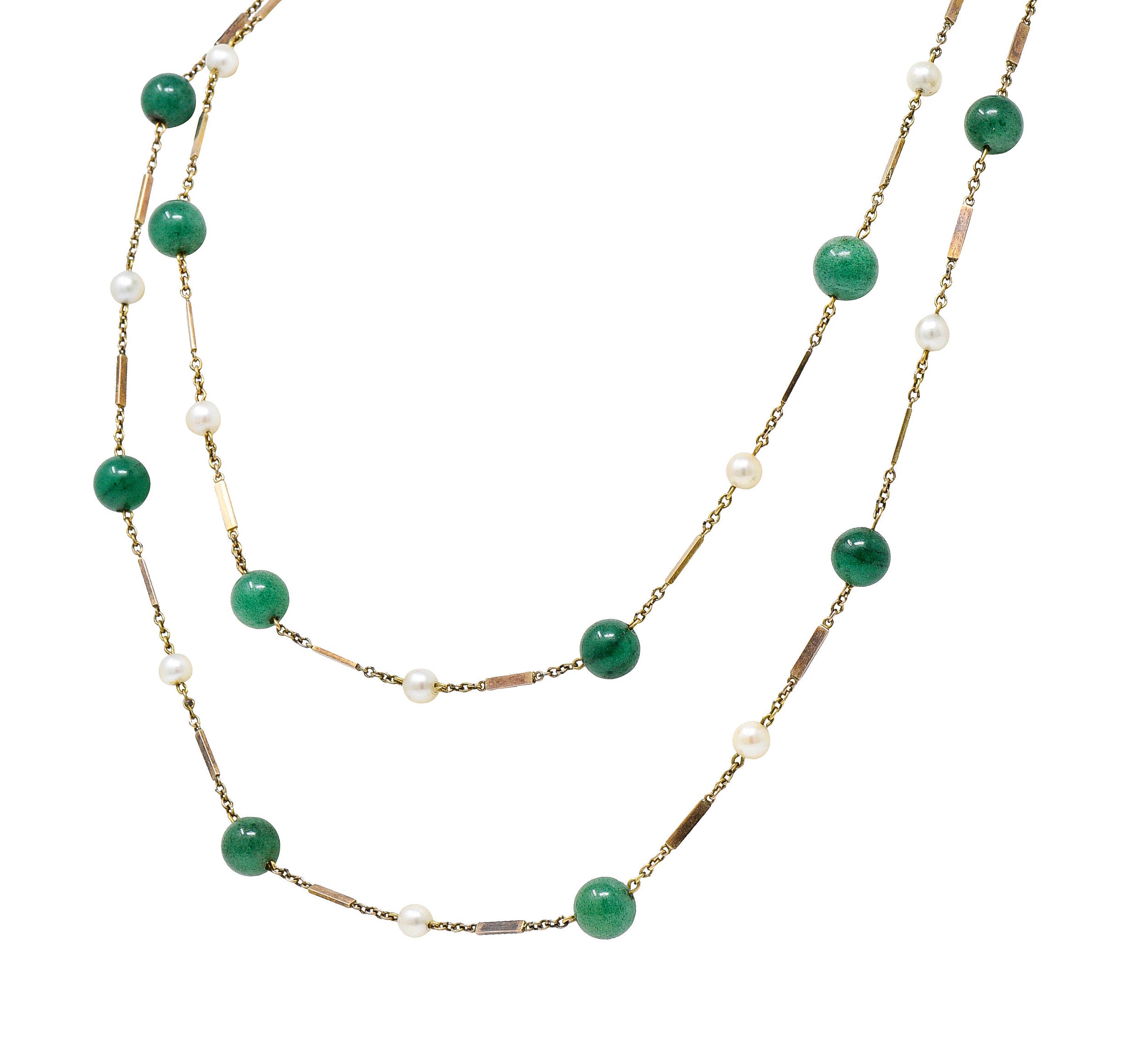 1960's Vintage Pearl Aventurine 14 Karat Gold 62 Inch Long Station NecklaceNecklace - Wilson's Estate Jewelry