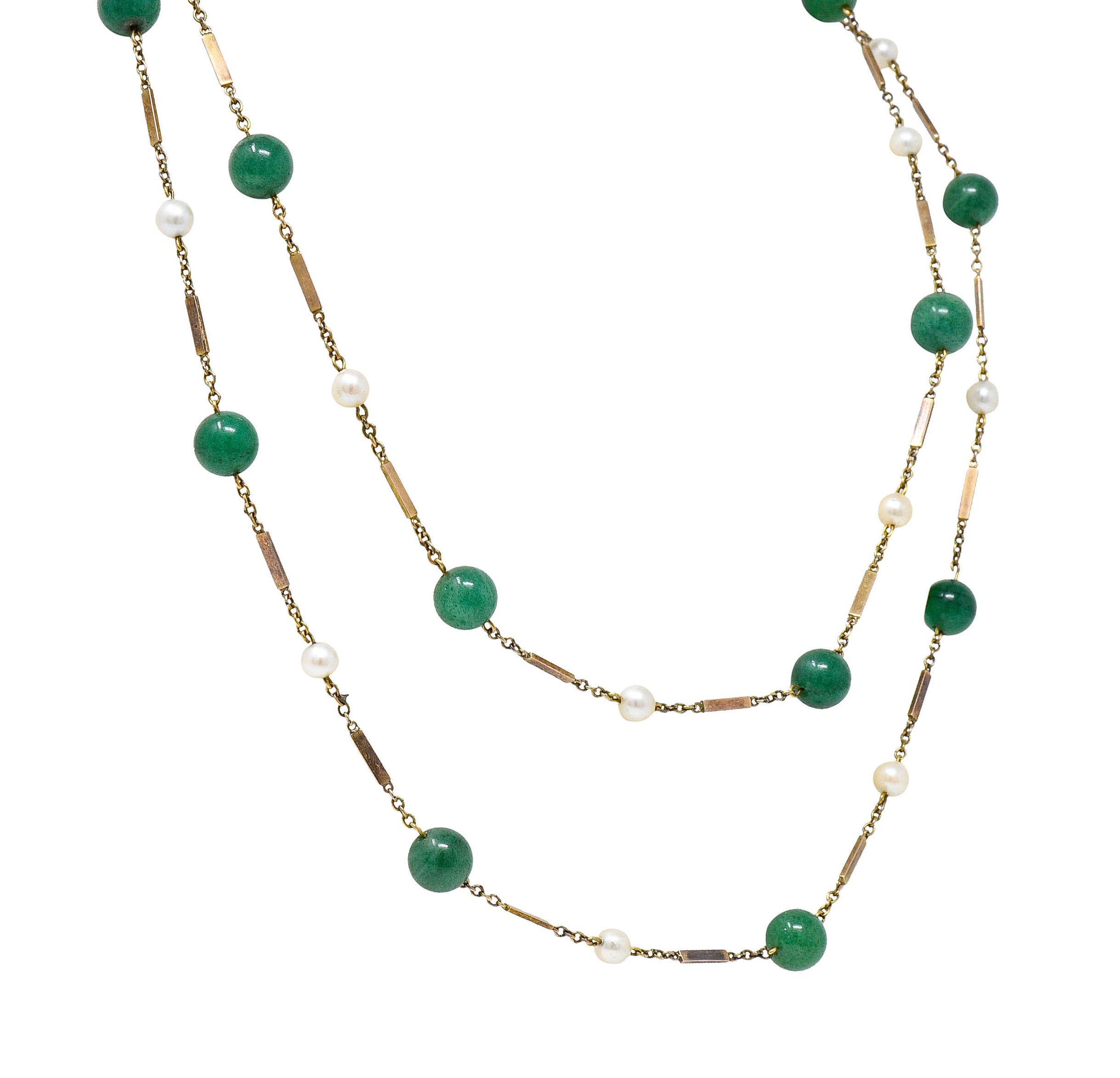 1960's Vintage Pearl Aventurine 14 Karat Gold 62 Inch Long Station NecklaceNecklace - Wilson's Estate Jewelry