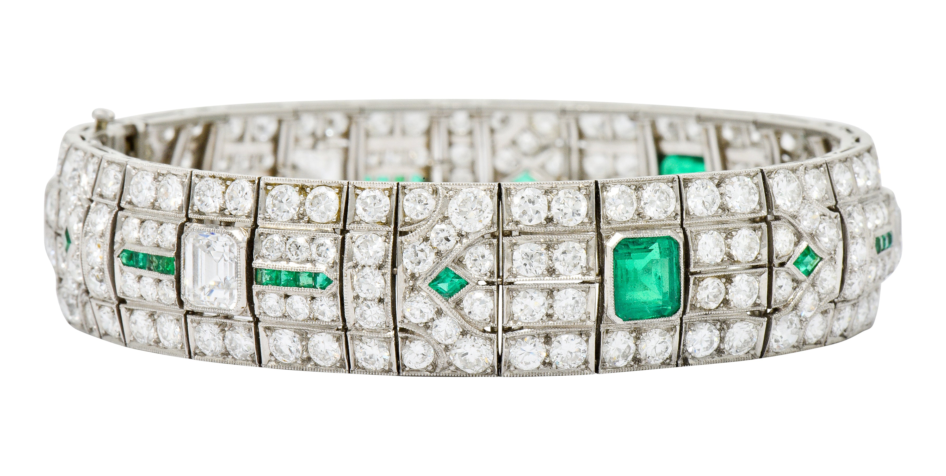 Exceptional Art Deco 23.96 CTW Diamond Emerald Platinum Geometric Link Bracelet - Wilson's Estate Jewelry