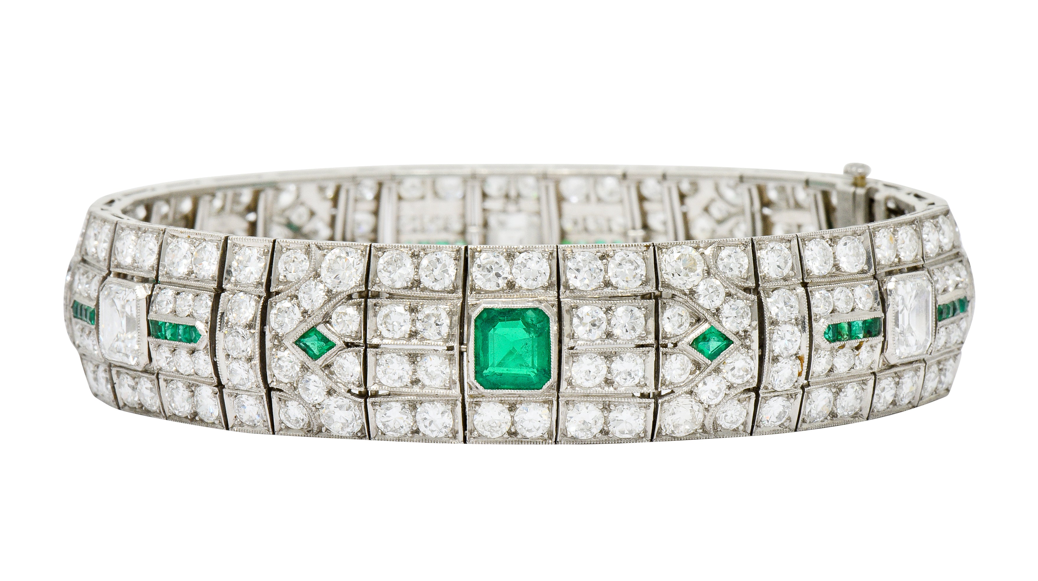 Exceptional Art Deco 23.96 CTW Diamond Emerald Platinum Geometric Link Bracelet - Wilson's Estate Jewelry