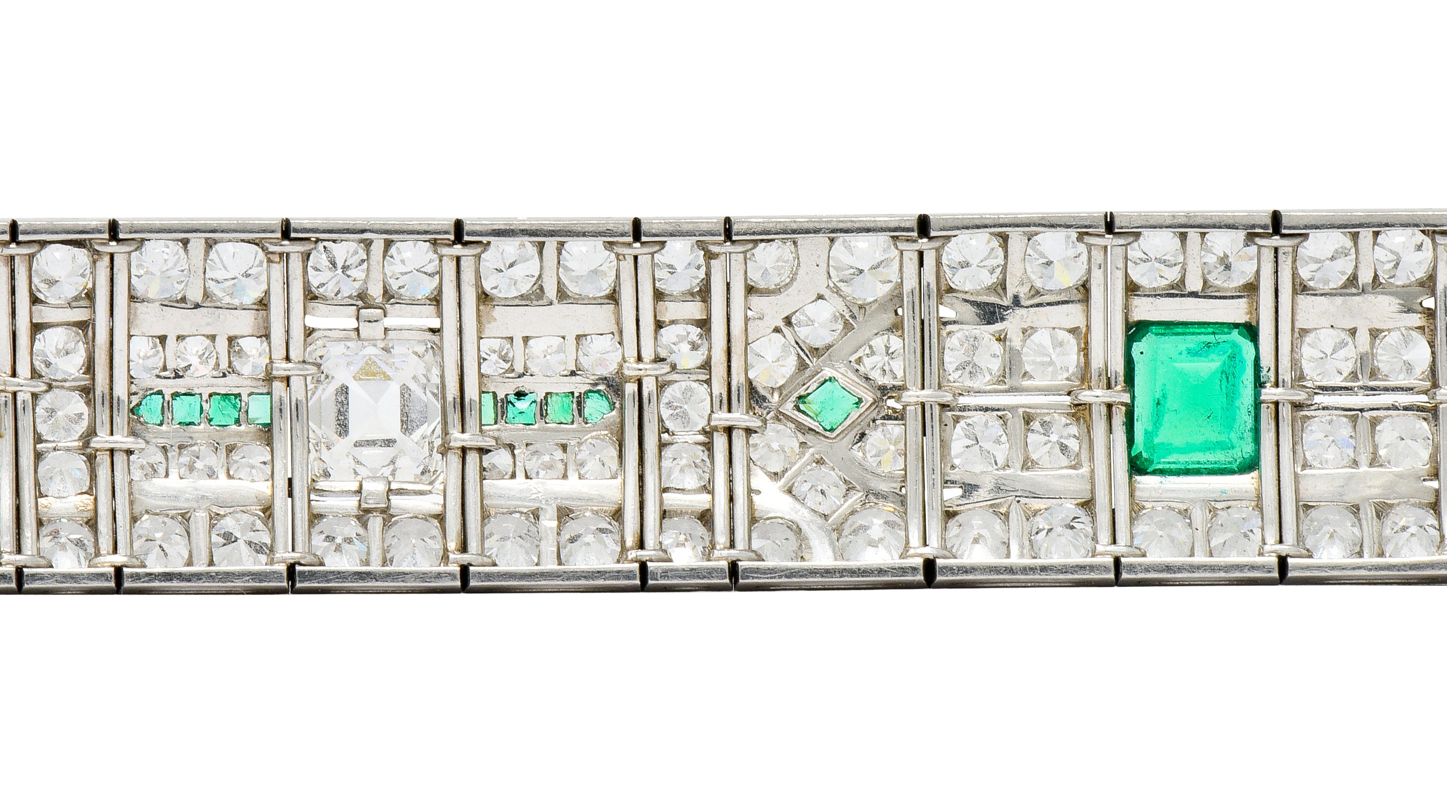 Exceptional Art Deco 23.96 CTW Diamond Emerald Platinum Geometric Link Bracelet - Wilson's Estate Jewelry