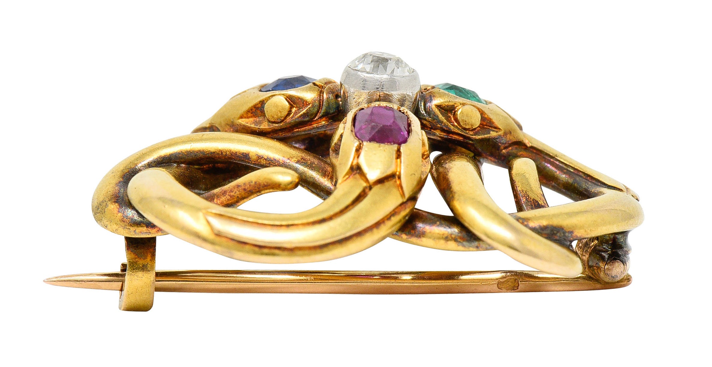 French Victorian Emerald Diamond Sapphire Ruby 18 Karat Gold Snake BroochBrooch - Wilson's Estate Jewelry