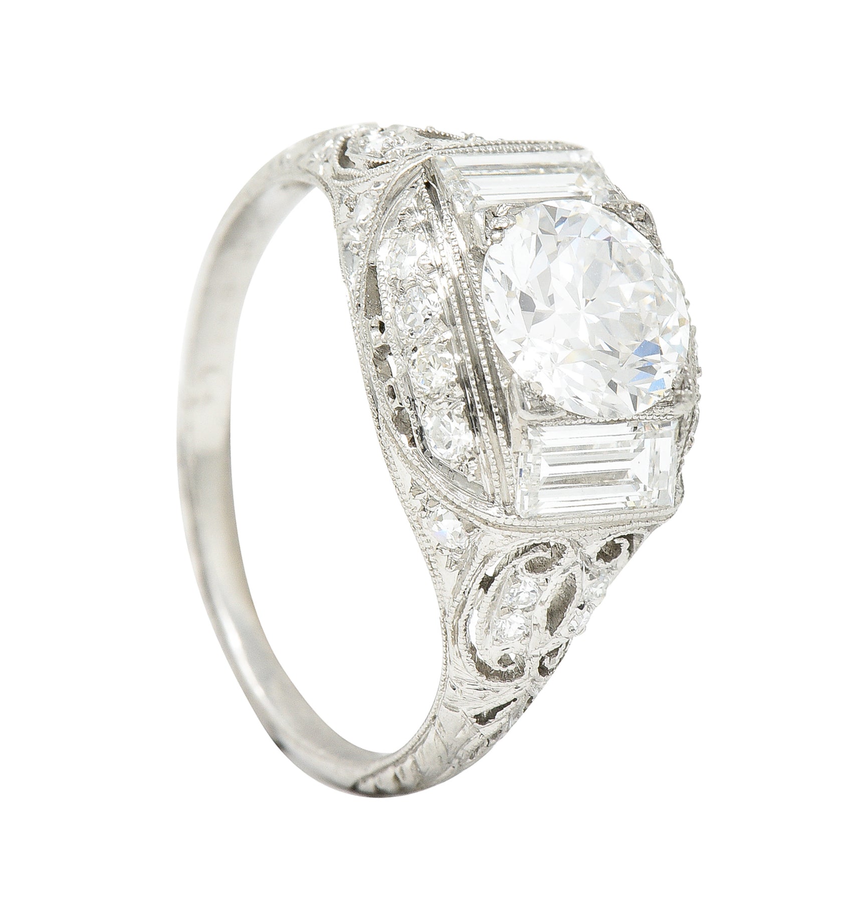 Art Deco 2.35 CTW Old European Cut Diamond Platinum Milgrain Bombay Engagement Ring Wilson's Estate Jewelry