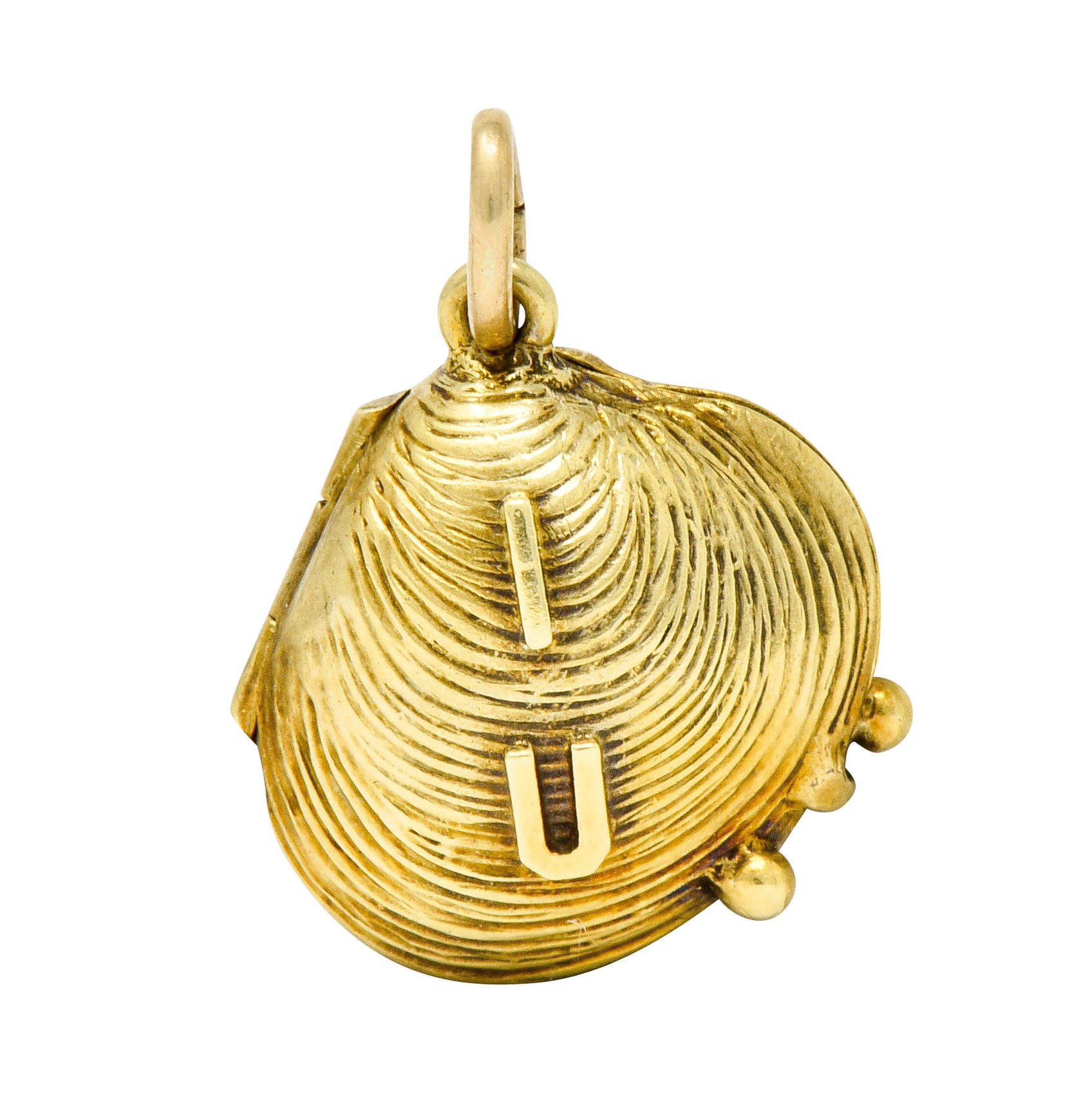 Art Nouveau Pearl 14 Karat Gold I Shell Love You Forever Clamshell Charm - Wilson's Estate Jewelry