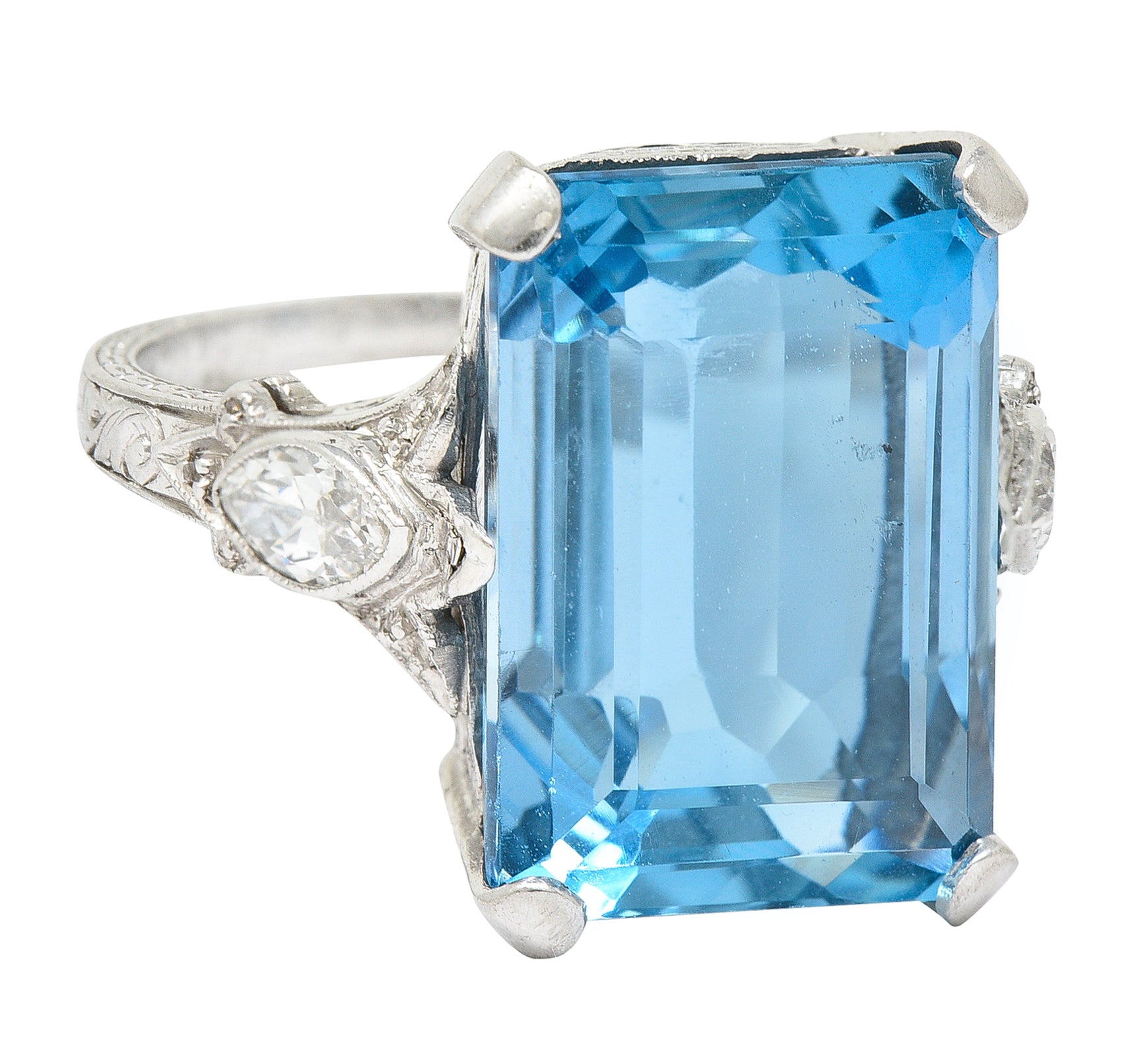 Art Deco 11.67 CTW Aquamarine Diamond Platinum Cocktail Ring Wilson's Estate Jewelry