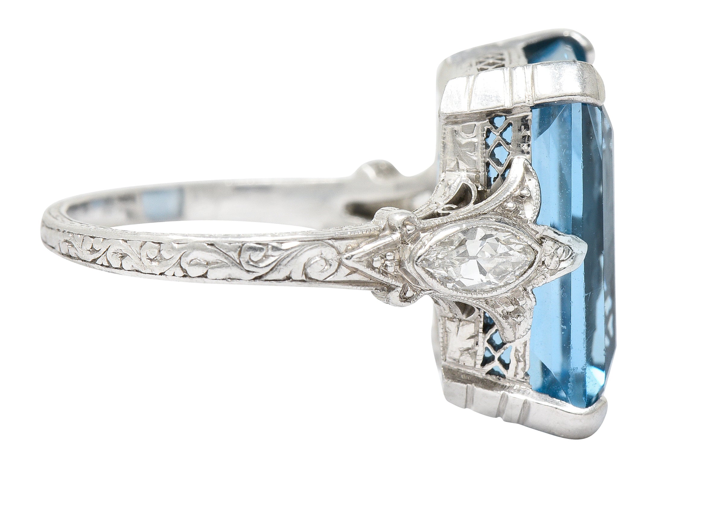 Art Deco 11.67 CTW Aquamarine Diamond Platinum Cocktail Ring Wilson's Estate Jewelry