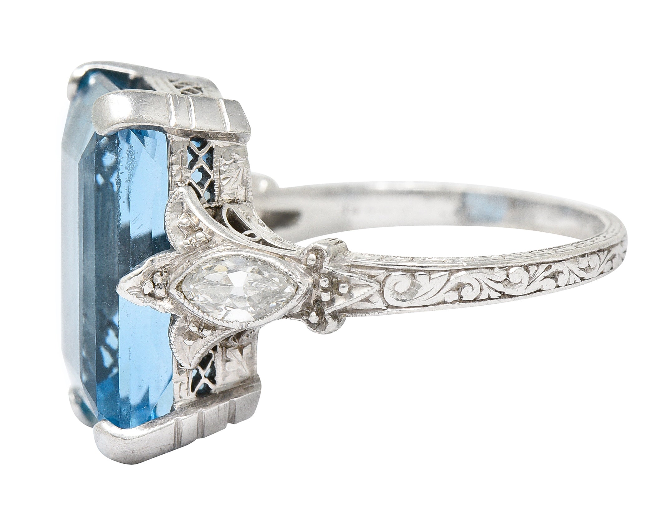 Art Deco 11.67 CTW Aquamarine Diamond Platinum Cocktail Ring Wilson's Estate Jewelry