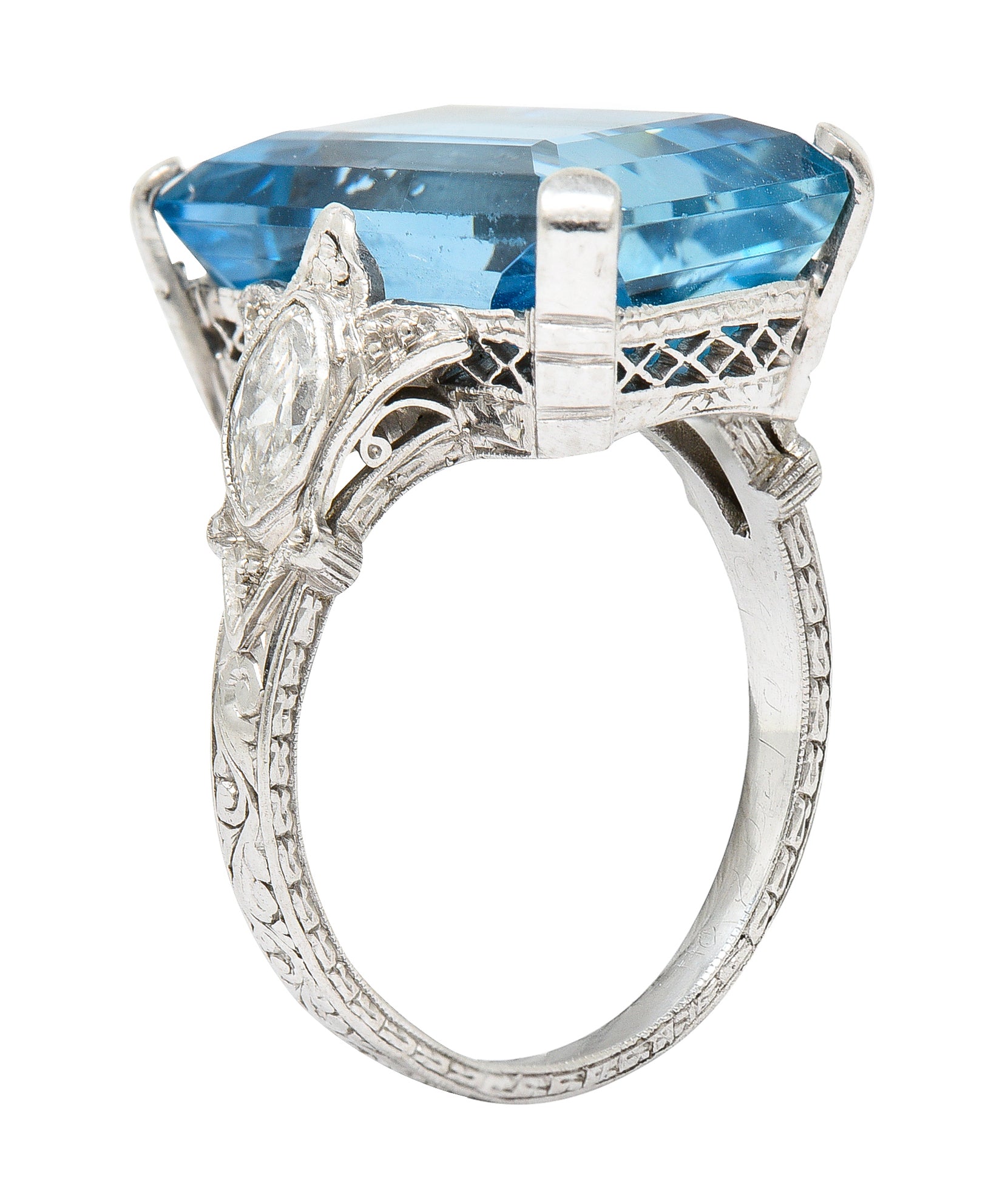 Art Deco 11.67 CTW Aquamarine Diamond Platinum Cocktail Ring Wilson's Estate Jewelry