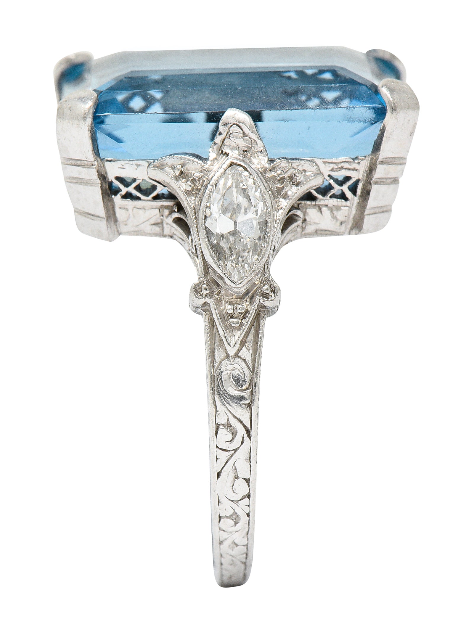 Art Deco 11.67 CTW Aquamarine Diamond Platinum Cocktail Ring Wilson's Estate Jewelry