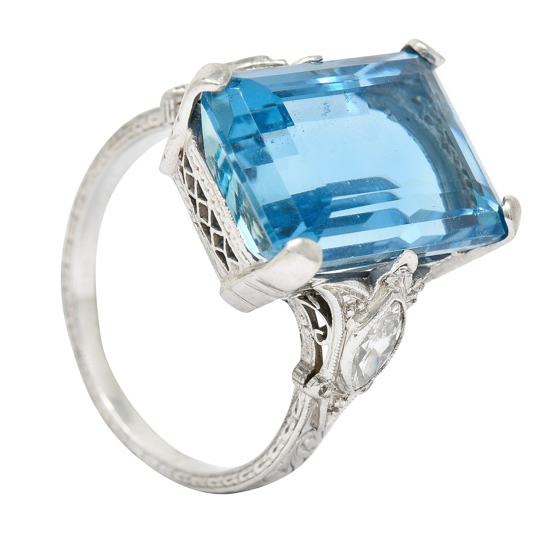 Art Deco 11.67 CTW Aquamarine Diamond Platinum Cocktail Ring Wilson's Estate Jewelry