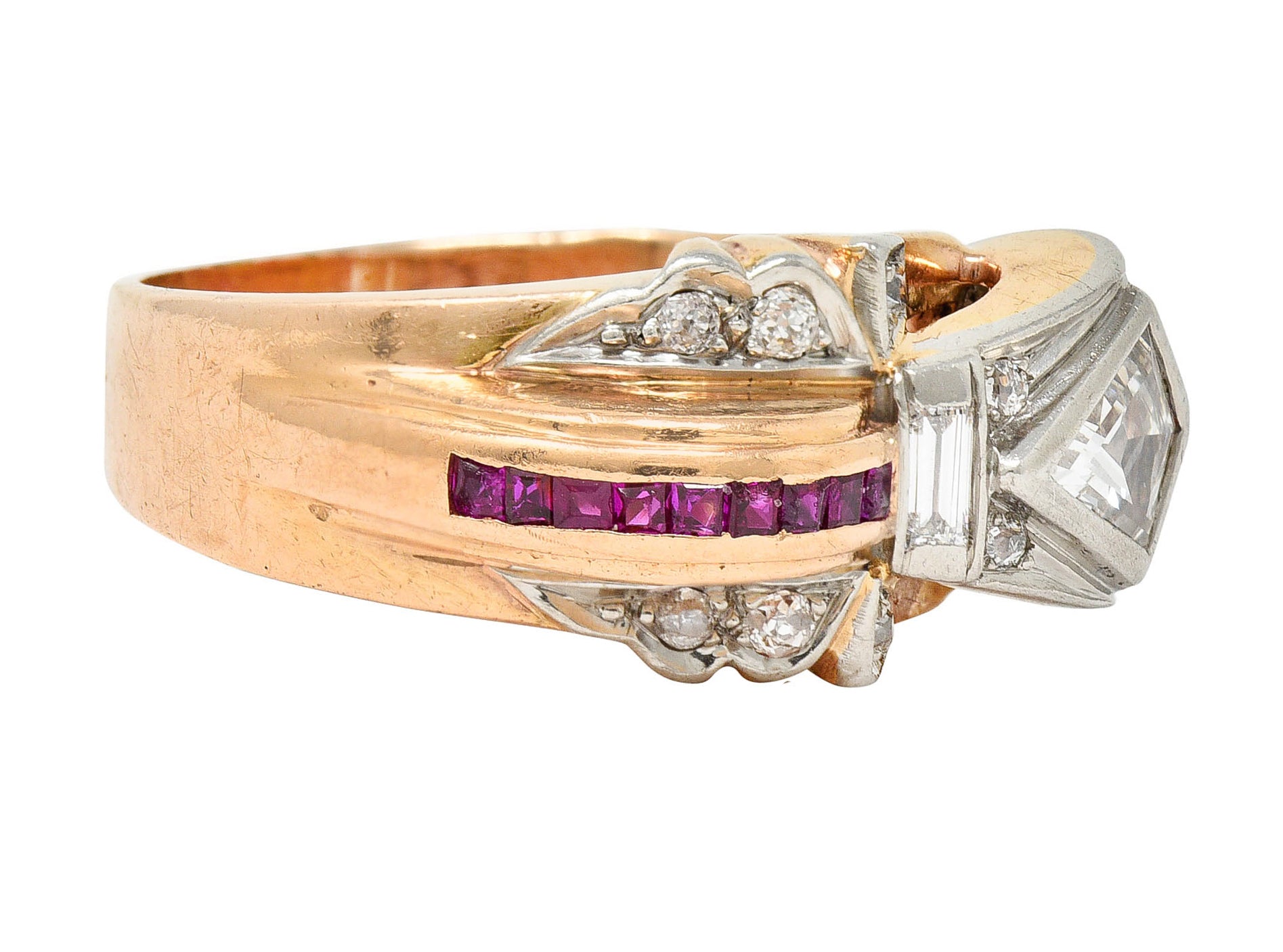 Retro 1.17 CTW Diamond Ruby 14 Karat Two-Tone Bow RingRing - Wilson's Estate Jewelry