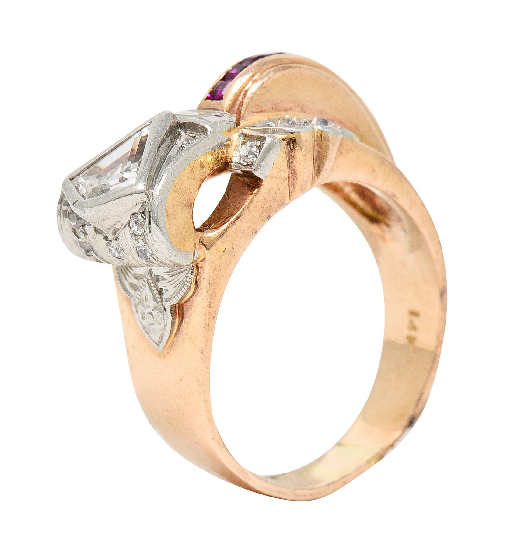 Retro 1.17 CTW Diamond Ruby 14 Karat Two-Tone Bow RingRing - Wilson's Estate Jewelry