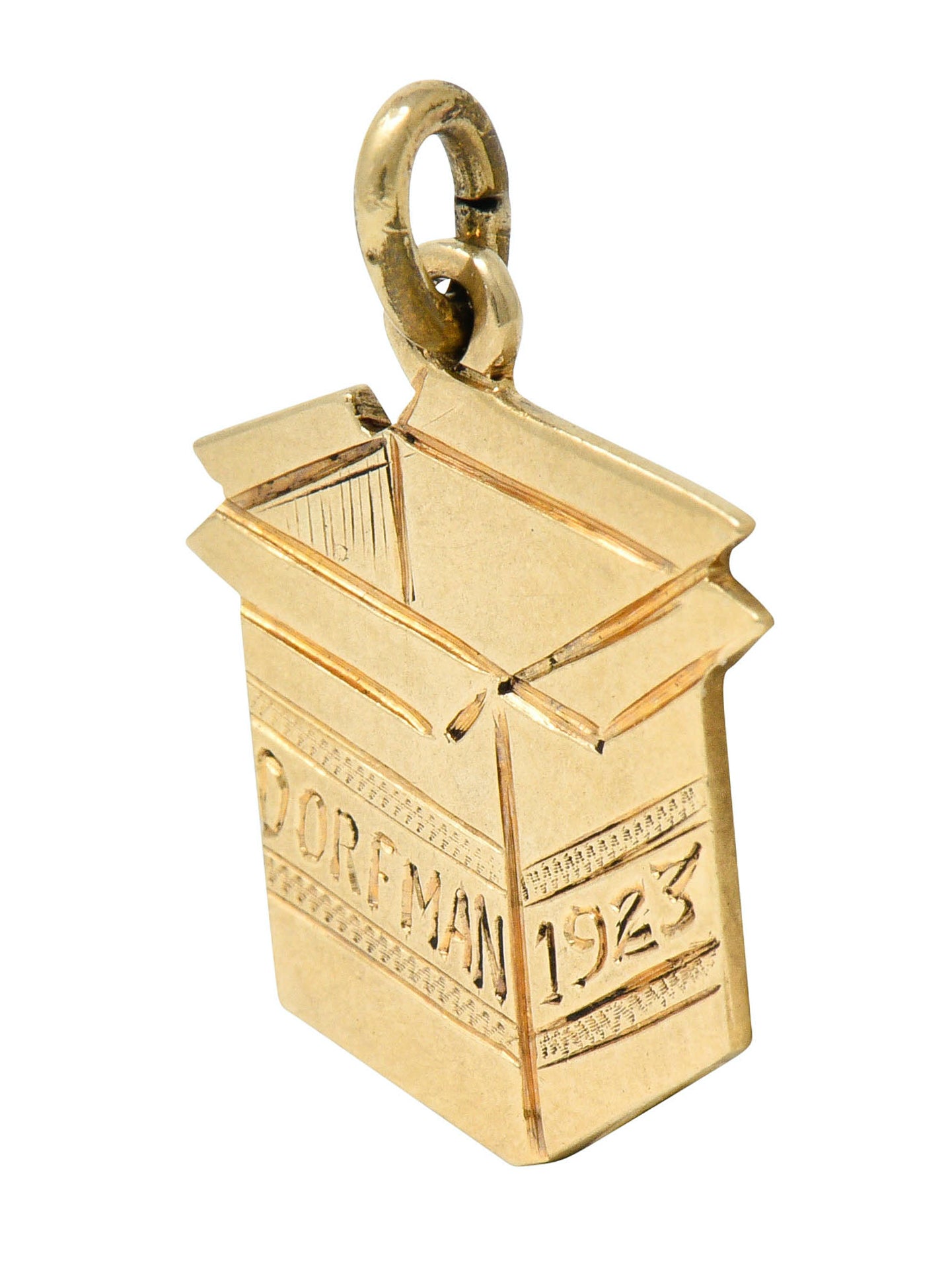 1923 Early Art Deco 14 Karat Gold Dorfman Box Charmcharm - Wilson's Estate Jewelry