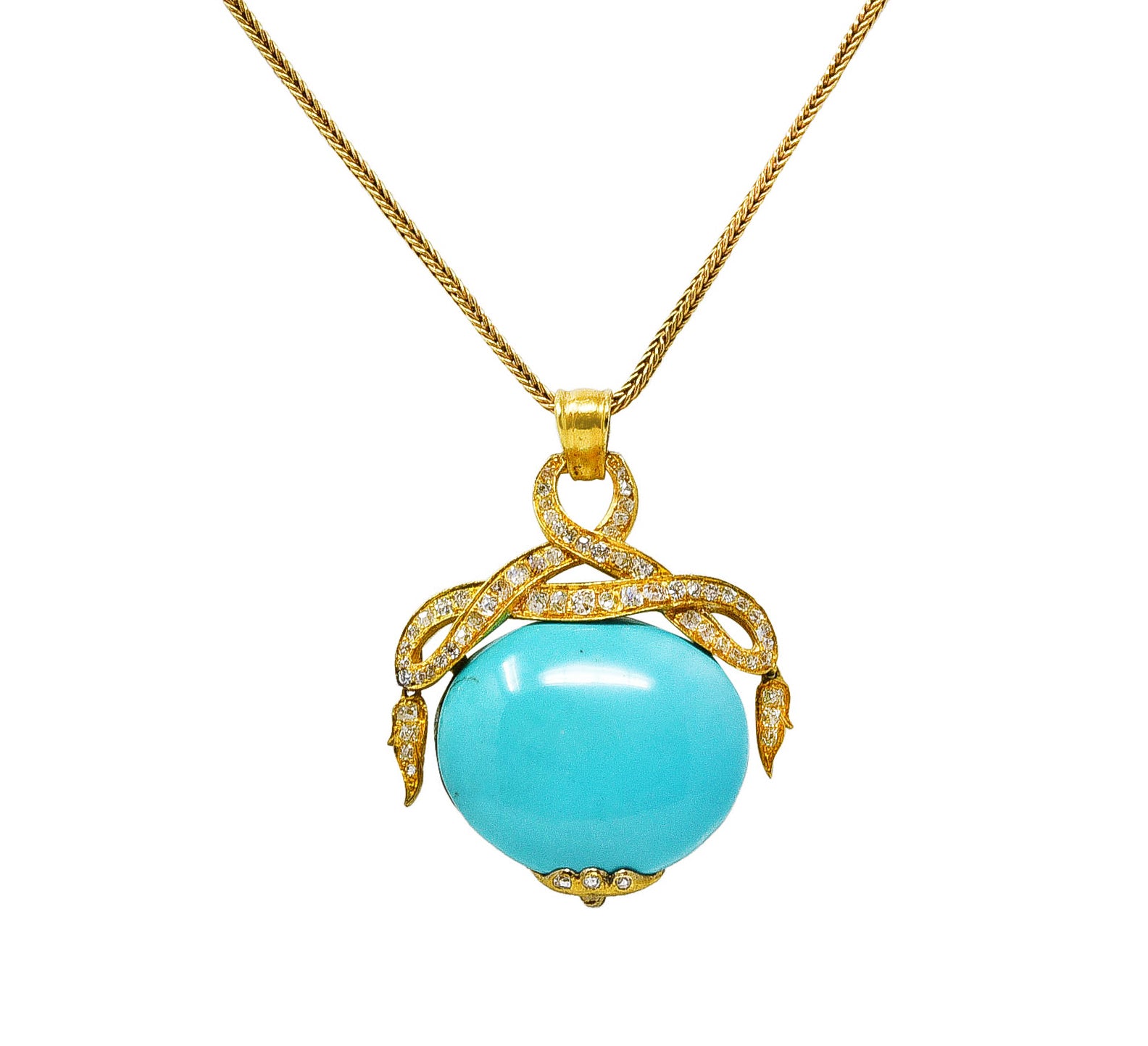 Victorian Etruscan Revival 1.15 CTW Old Mine Cut Diamond Turquoise 18 Karat Yellow Gold Antique Pendant Necklace Wilson's Estate Jewelry