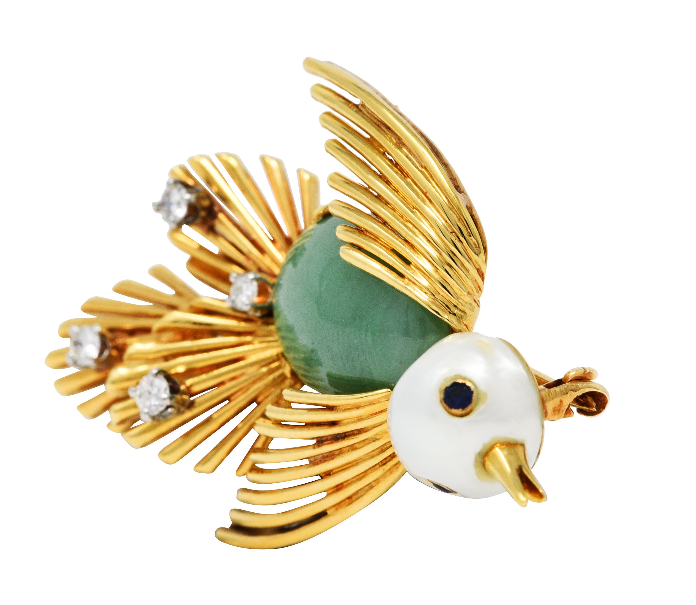 Ruser Jade Pearl Diamond Sapphire Platinum 18 Karat Gold Bird Brooch Circa 1960Brooch - Wilson's Estate Jewelry