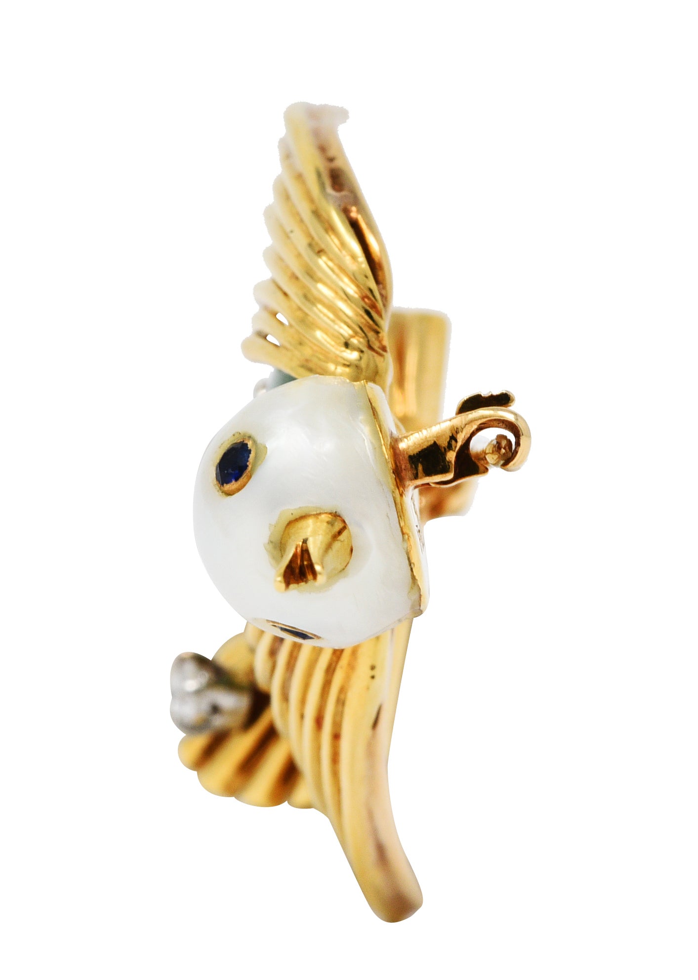 Ruser Jade Pearl Diamond Sapphire Platinum 18 Karat Gold Bird Brooch Circa 1960Brooch - Wilson's Estate Jewelry