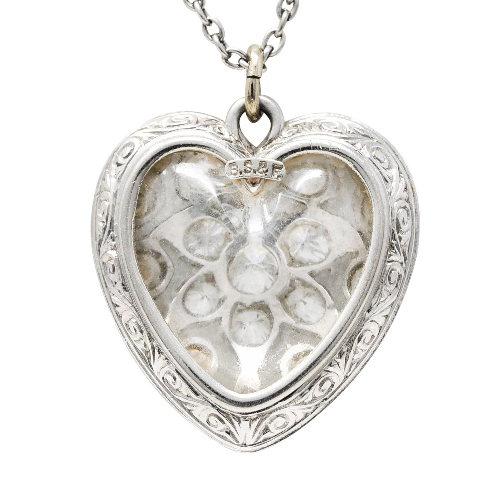 Black Starr & Frost Art Deco 1.60 CTW Diamond Carved Rock Crystal Platinum Floral Heart Antique Pendant Necklace Wilson's Estate Jewelry